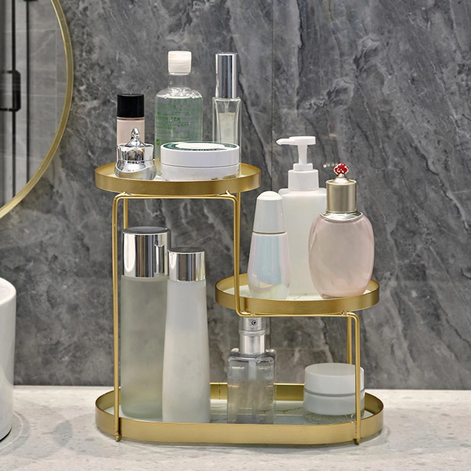 Makeup Perfume Organizer Shelf with Removable Glass Tray for Home Decoration White Marbling