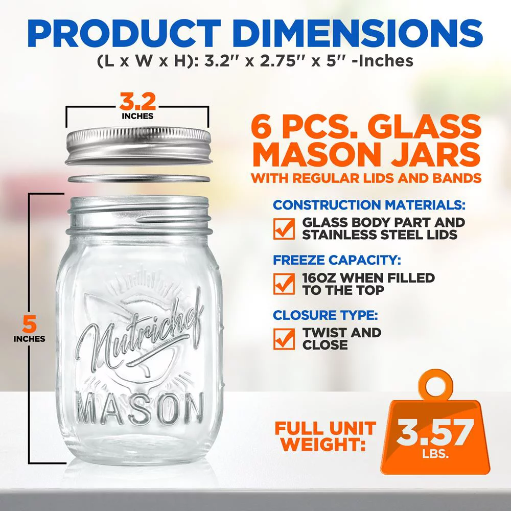 NutriChef 6 Pcs Mason Jars 16oz DIY Magnetic Spice Jar Glass Container W/ Airtight Lid and Band