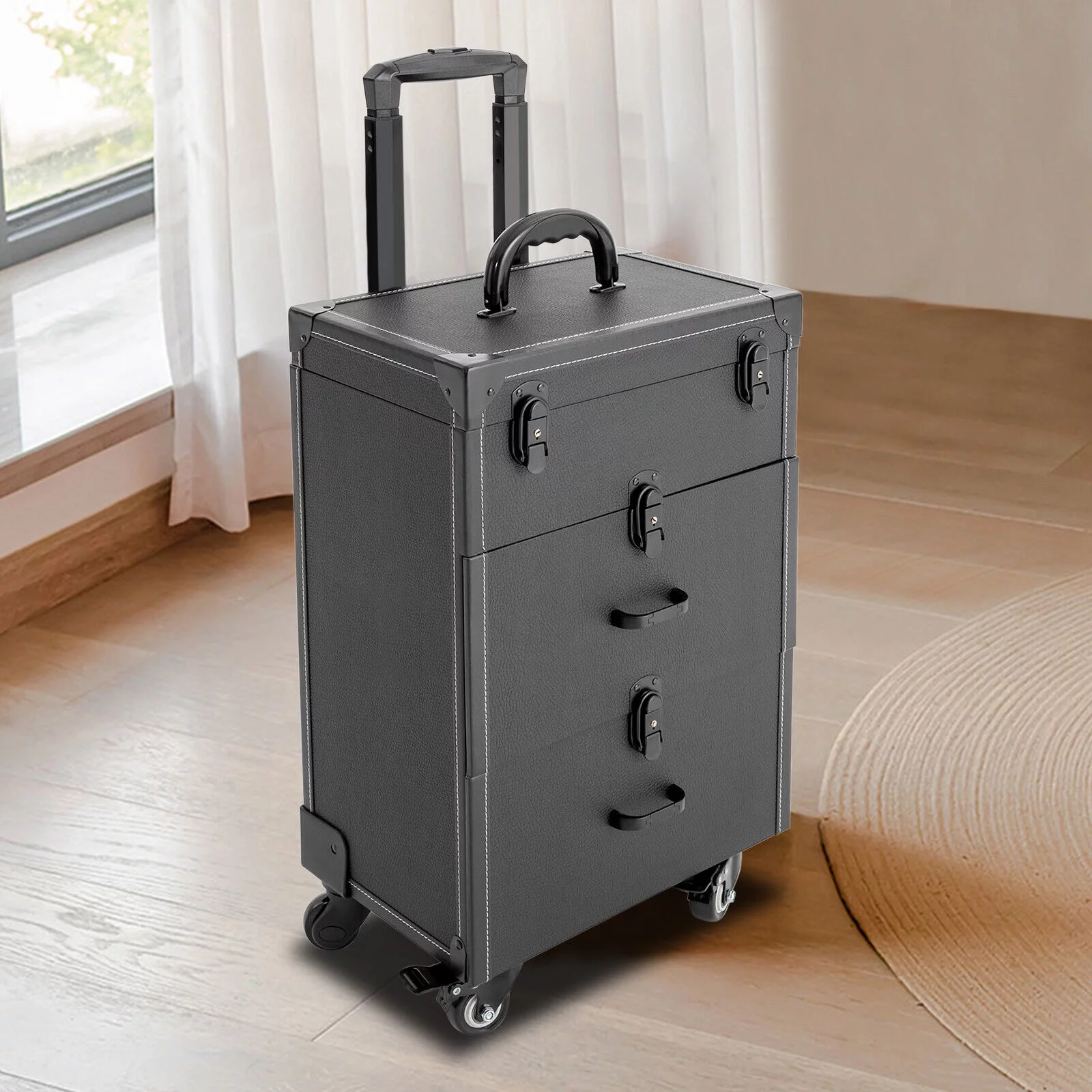 Denest Rolling Train Case Aluminum Trolley Professional Cosmetic Organizer Box w/Drawer
