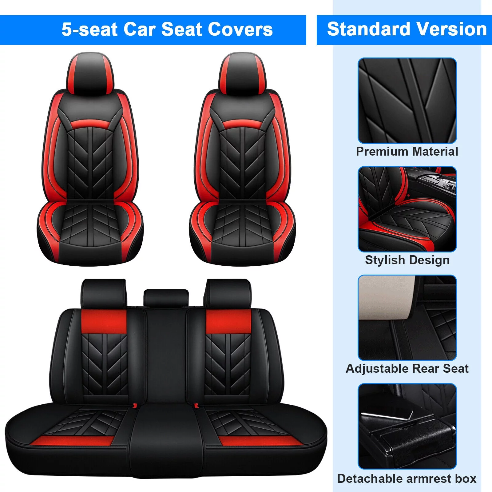 Car Seat Covers for Toyota 5 Seats Full Set, Waterproof Pu Leather Auto Cushion Protector, Front Rear Seat Cover for Camry Corolla Prius Avalon Matrix Echo Cressida, Black+Red