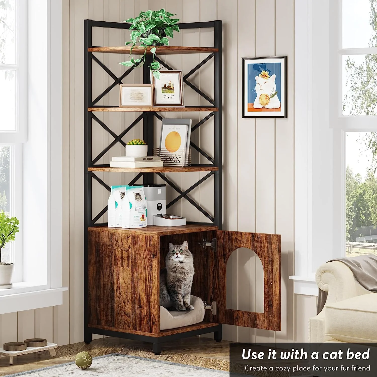 Tribesigns Corner Litter Box Enclosure, 4-Tier Hidden Cat Litter Box Furniture with Door, Industrial Indoor Cat House Washroom with Storage Shelves, Rustic Brown