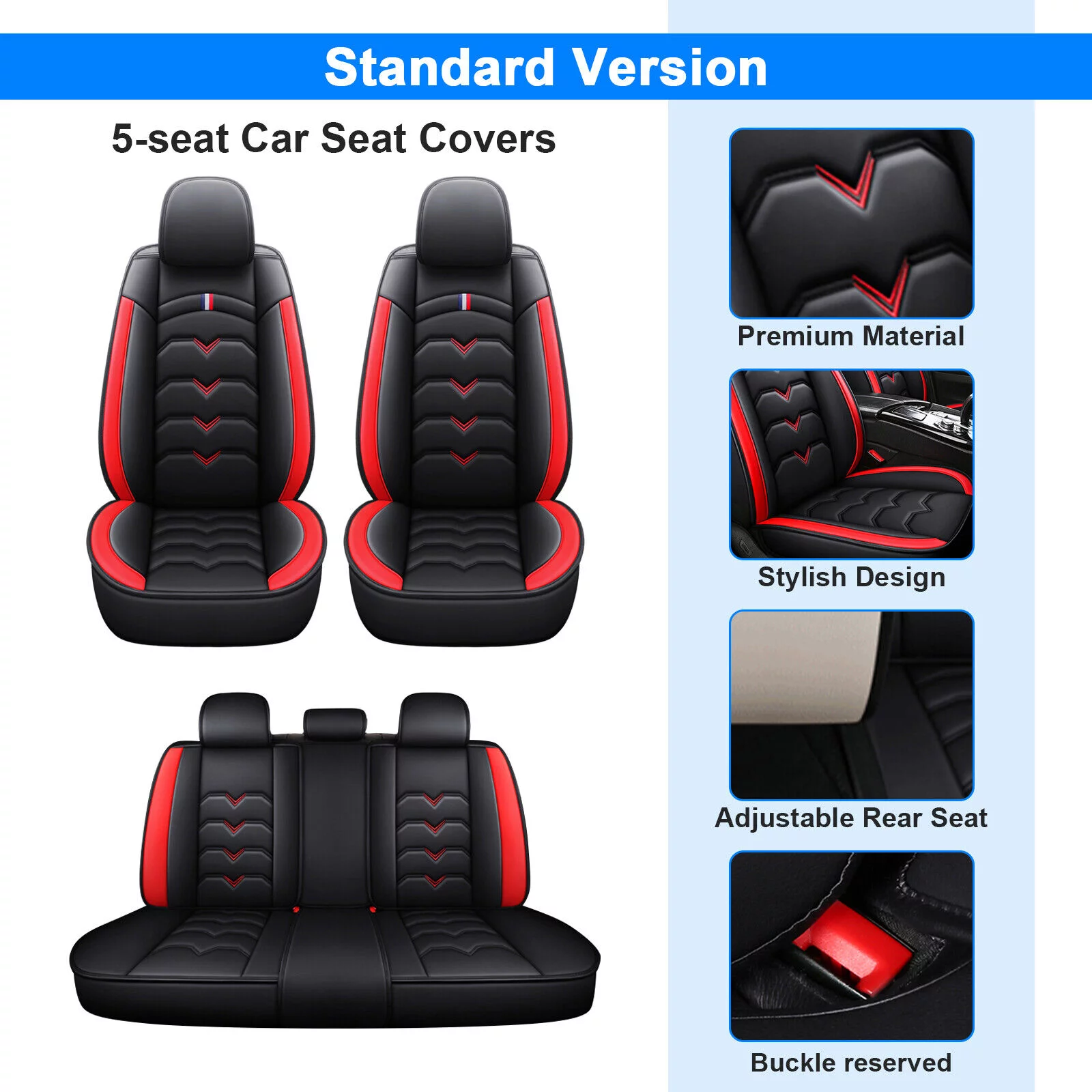 For Honda Civic CR-V Insight Accord Crosstour Car Seat Covers, Waterproof 5 Seats Full Set Leather Cushion Protector Black + Red