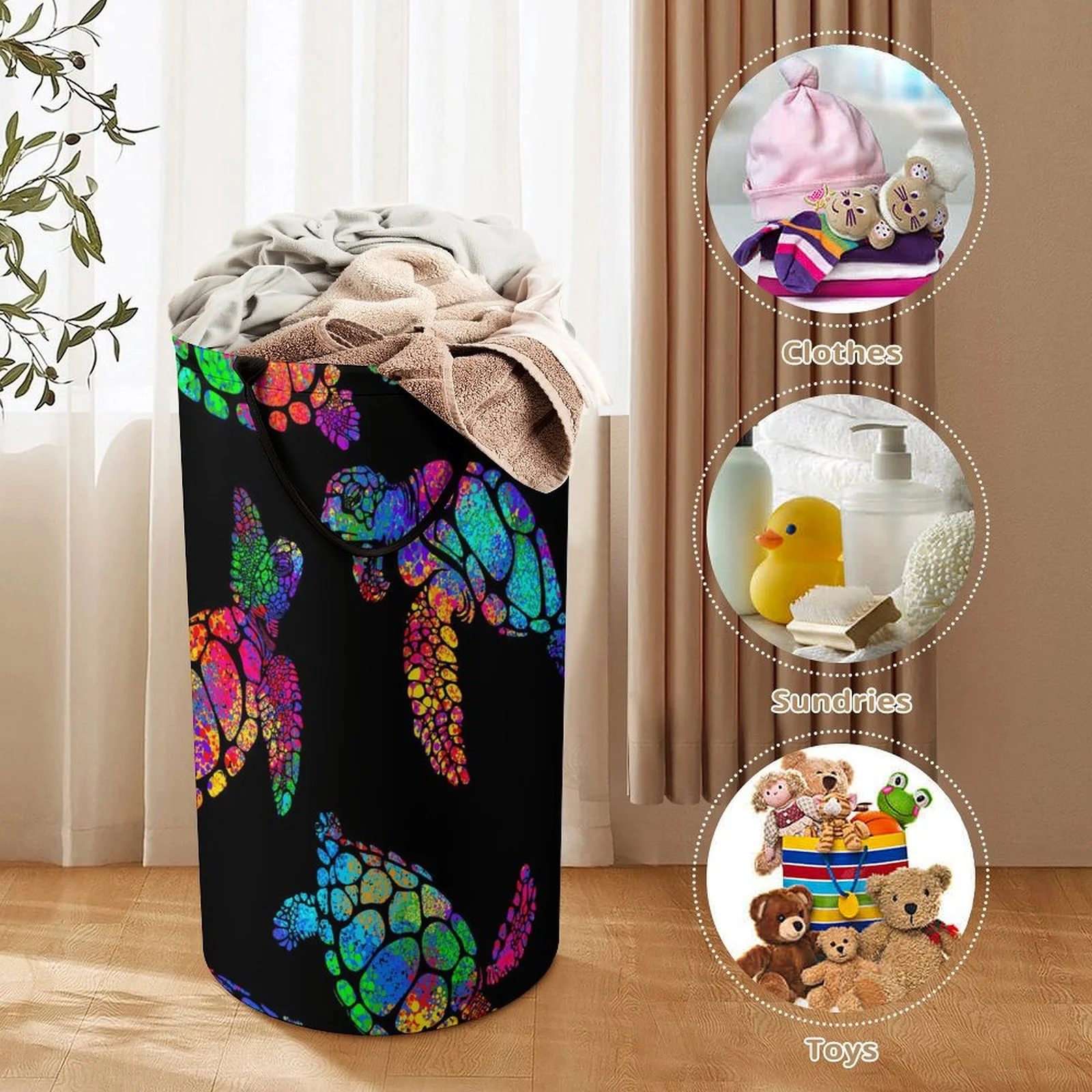 LAKIMCT Boho Style Sea Turtle Laundry Basket, 86.5L Tall Large Laundry Hamper Dirty Clothes Baskets with Handle, Foldable Waterproof Storage Basket