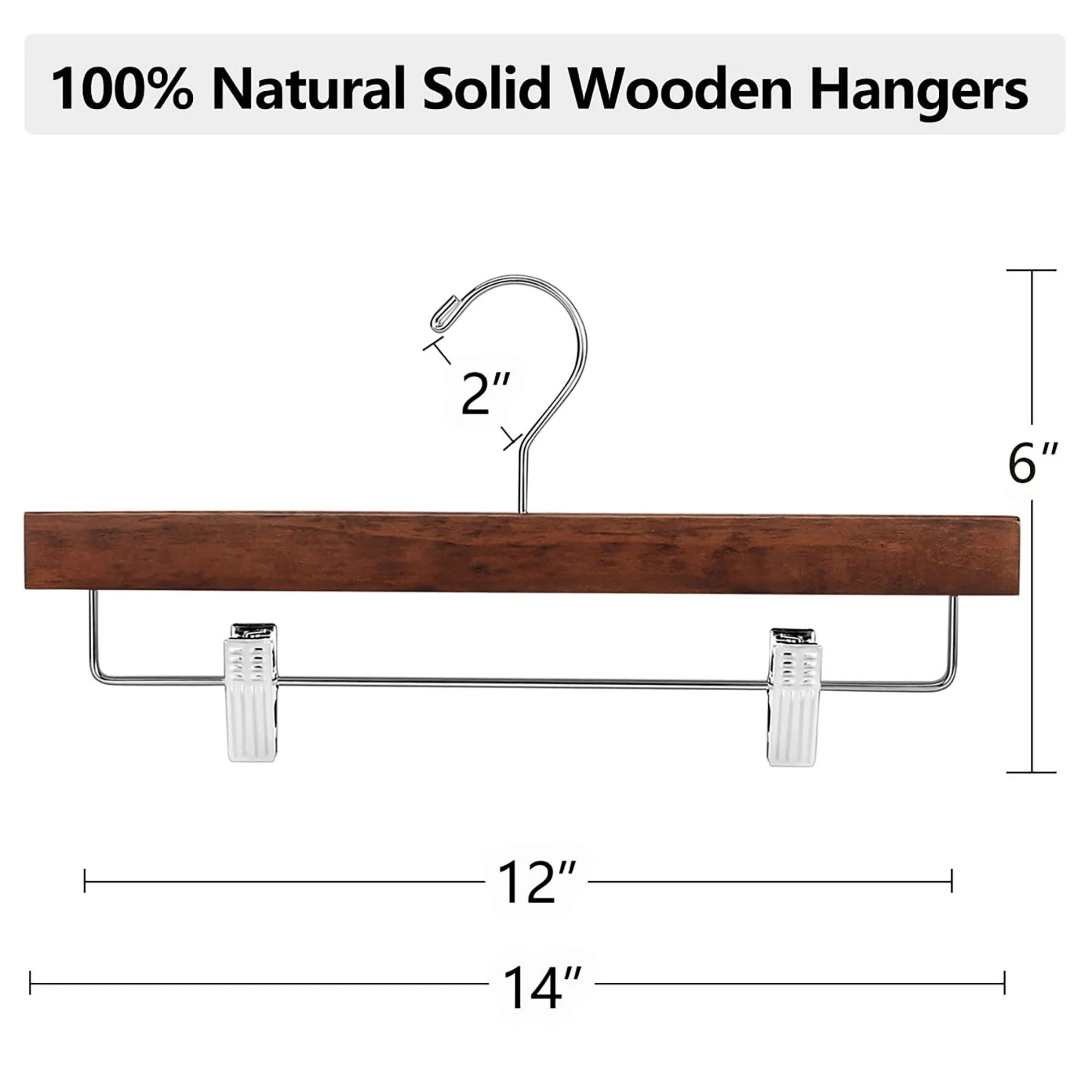 BagDream 20 Pack Wooden Pants Hangers 14 Inch Walnut Wood Skirt Hangers Trousers Bottom Hangers with Clips Anti Rust Hook
