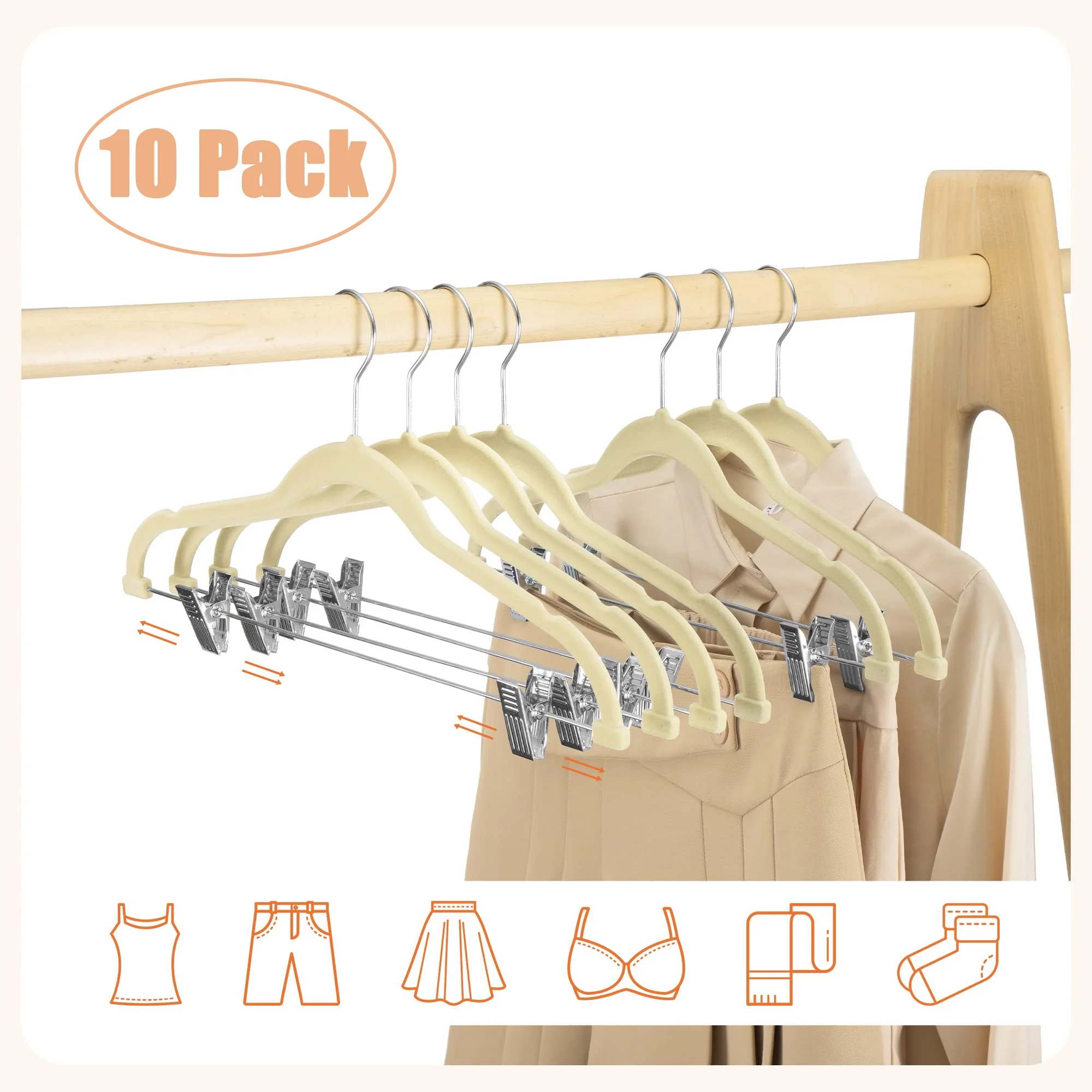 Clothes Hangers with Clips, 10 Packs Space-Saving Pants Hangers with Clips, Non-Slip Adjustable Pant Skirt Jean Hangers for Closet