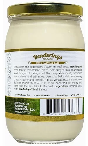 Renderings Beef Tallow, 100% Grass-Fed & Finished, Cooking, Baking and Frying, 14 oz jar