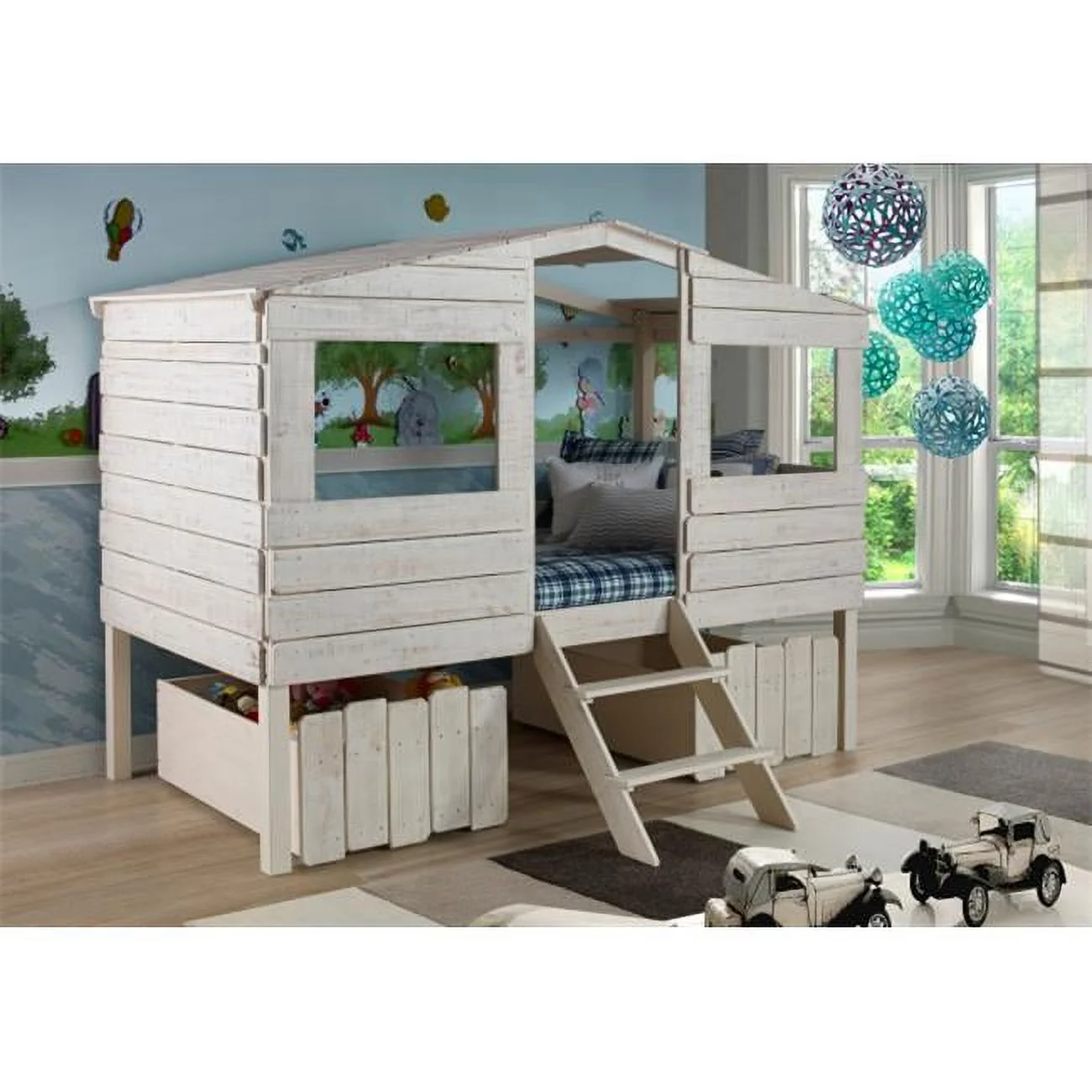 PD-1380TLRS-1381 Twin Size Tree House Loft Bed with Under Bed Drawers in Rustic Sand
