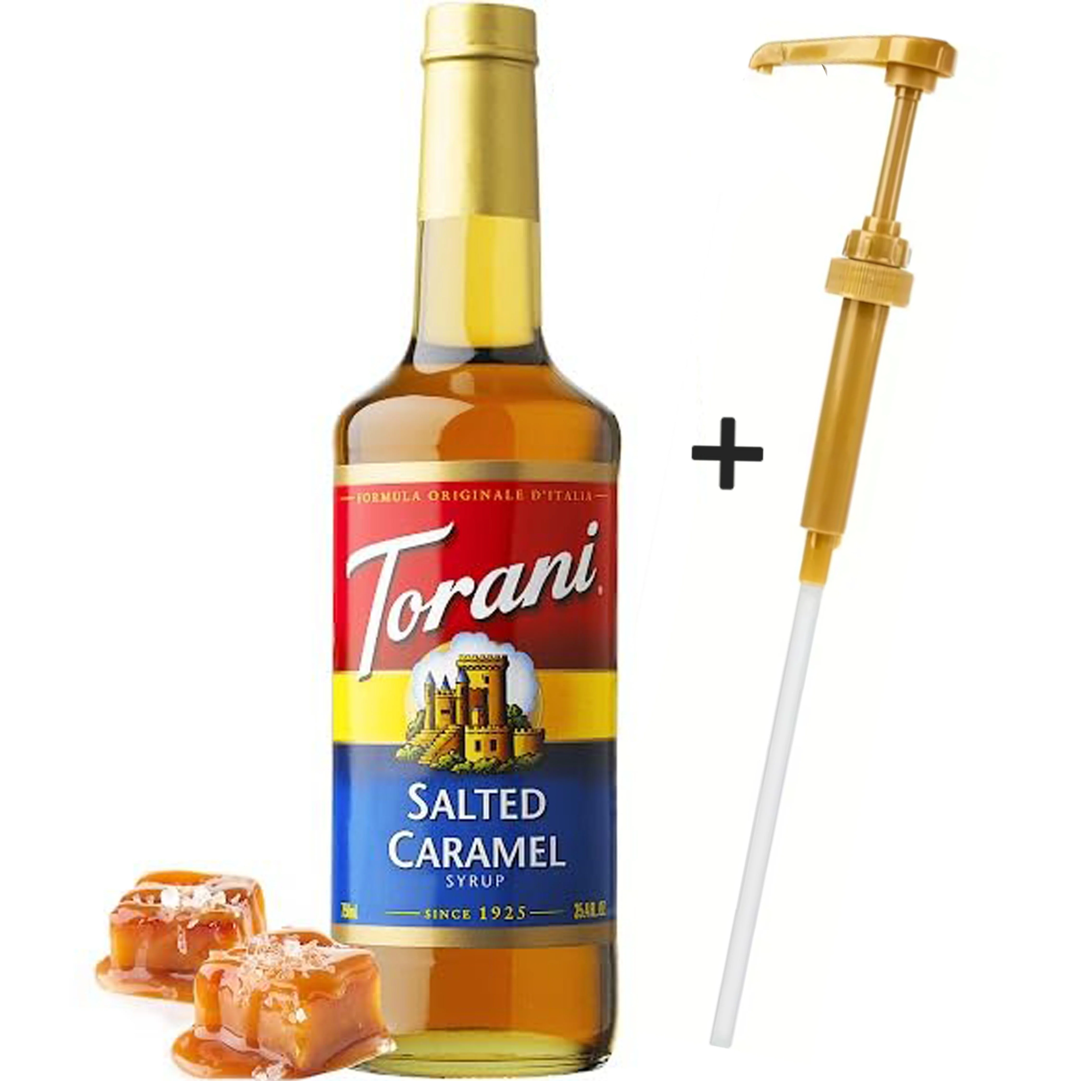 Torani Salted Caramel Flavoring Syrup 750 mL Plastic Bottle + Gold Syrup Pump l Assortment pack