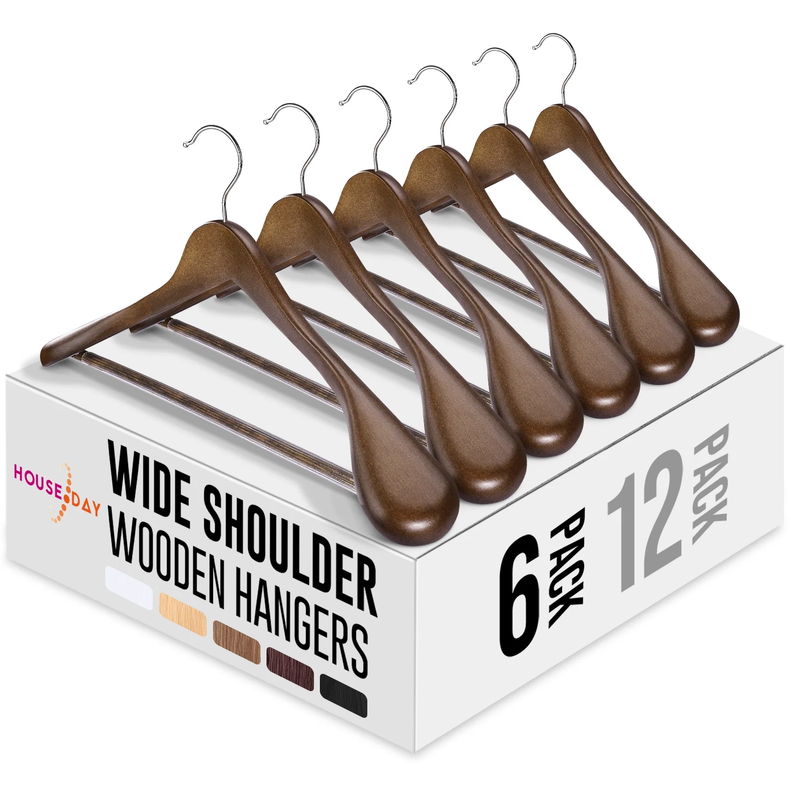 HOUSE DAY Wide Shoulder Wooden Hangers, Thick Wood Hanger for Suits, Coat, Clothes, 6 Pack, Walnut, for adult