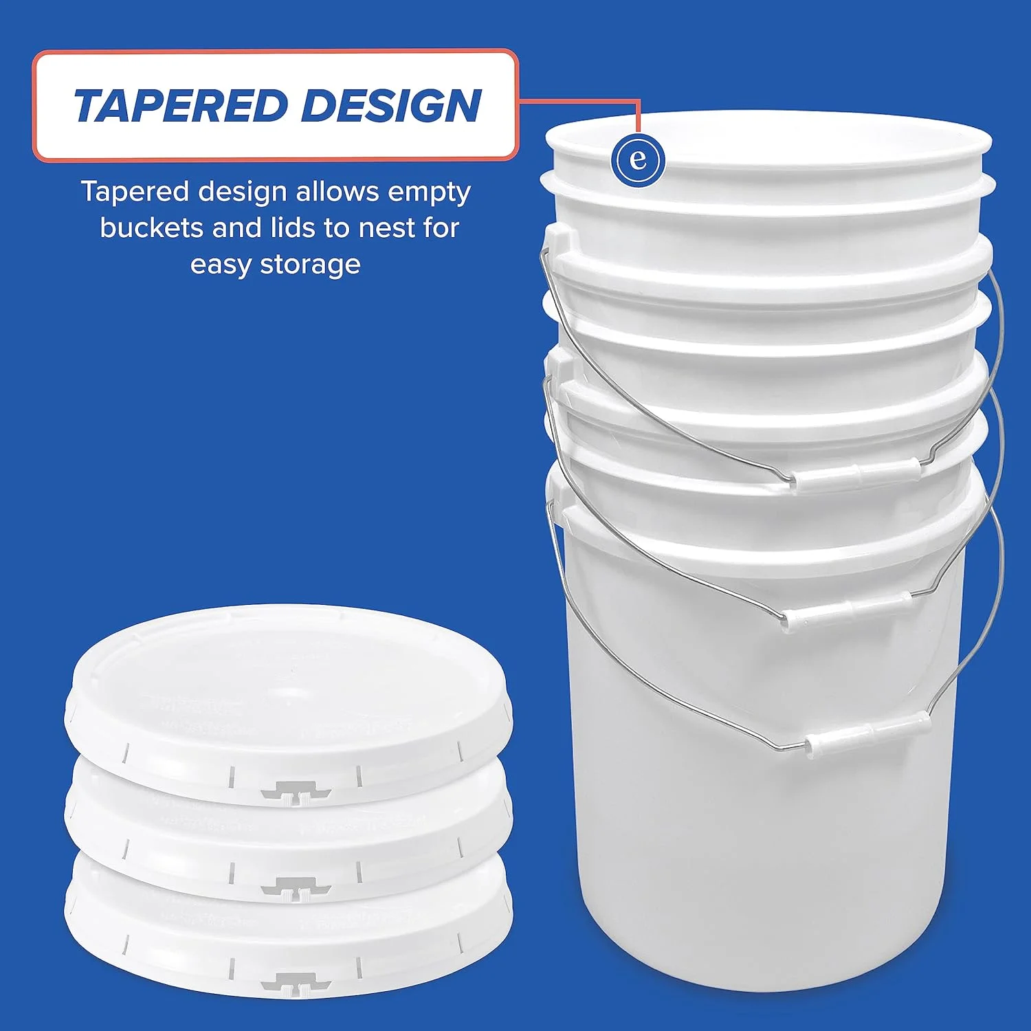 5-Gallon White Plastic Bucket with Lid - Durable 90 Mil All Purpose Pail - Food Grade - Contains No BPA Plastic - Recyclable - Made in USA - 6 Count