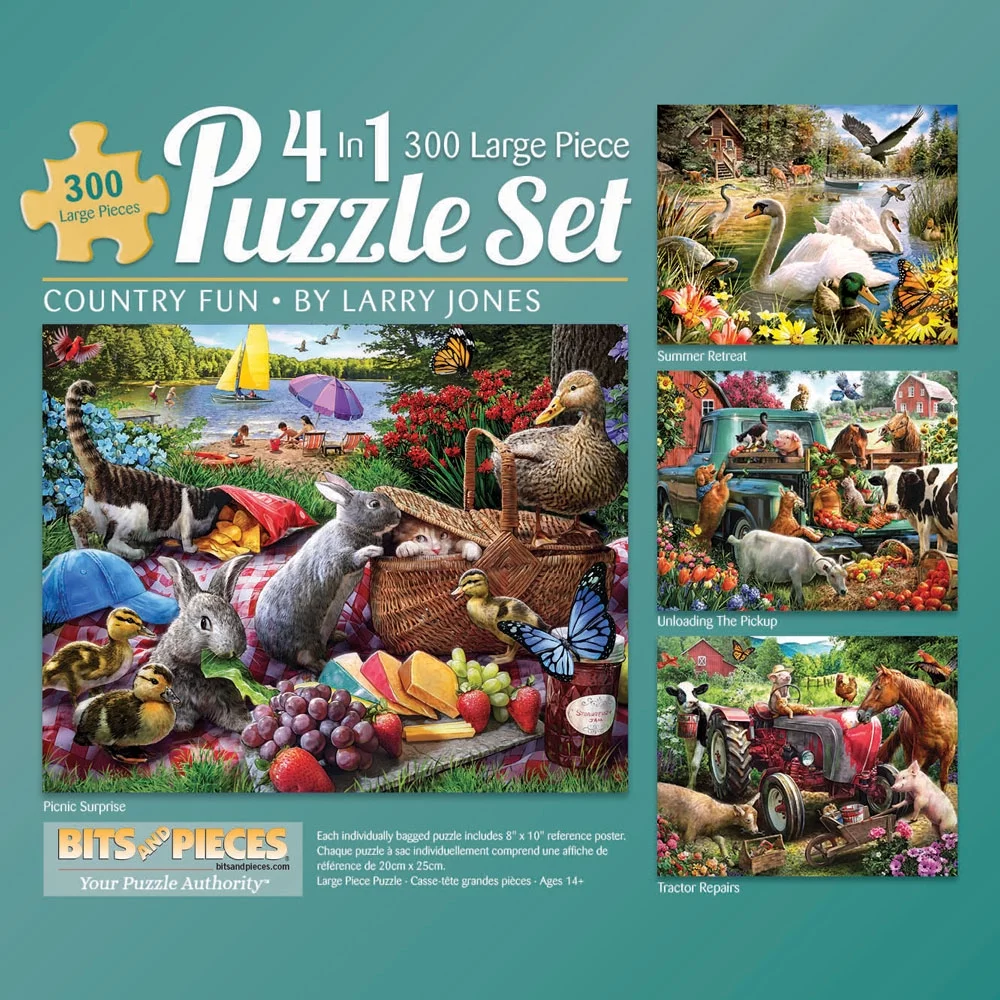 Bits and Pieces - 4-In-1 Multi-Pack Country Fun 300 Piece Jigsaw Puzzles for Adults - Each Puzzle Measures 16 