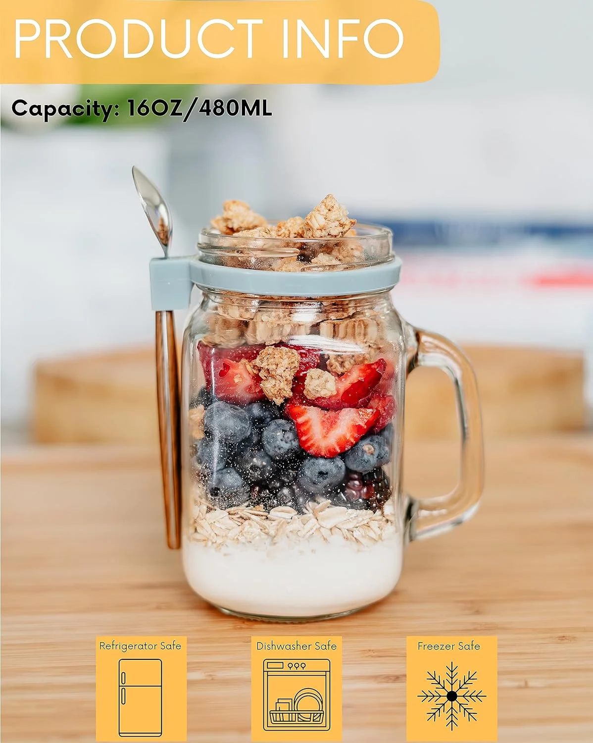 B&B Farmhouse Glass Overnight Oats Containers with Lids and Spoon - Mason Jars 16 oz with Lids for Salad Storage - Chia Seed Pudding Jars - Meal Prep Container Glass