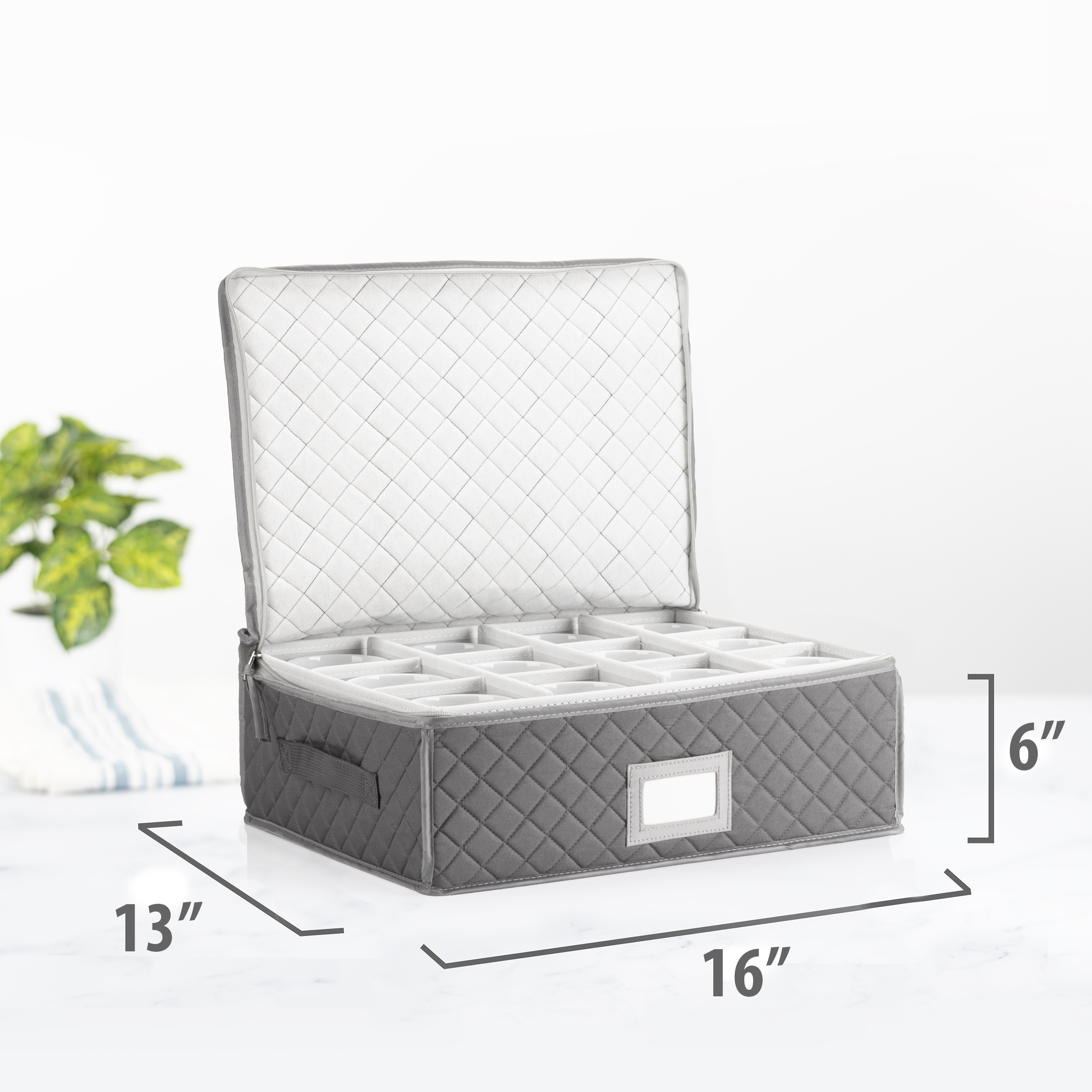China Cup Storage Chest - Quilted Fabric Container in Gray Measuring 16