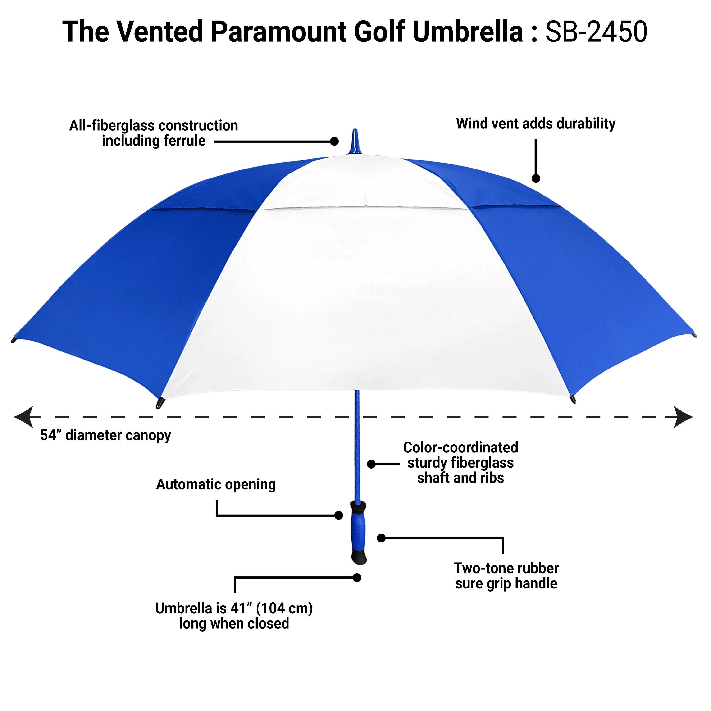The Paramount Vented Large 64 inch Windproof Automatic Open Double Canopy Golf Umbrella for Rain, Wind and Sun, Strong & Lightweight Oversized Golf Umbrella Wind Vent for Men & Women, Royal Blue/White