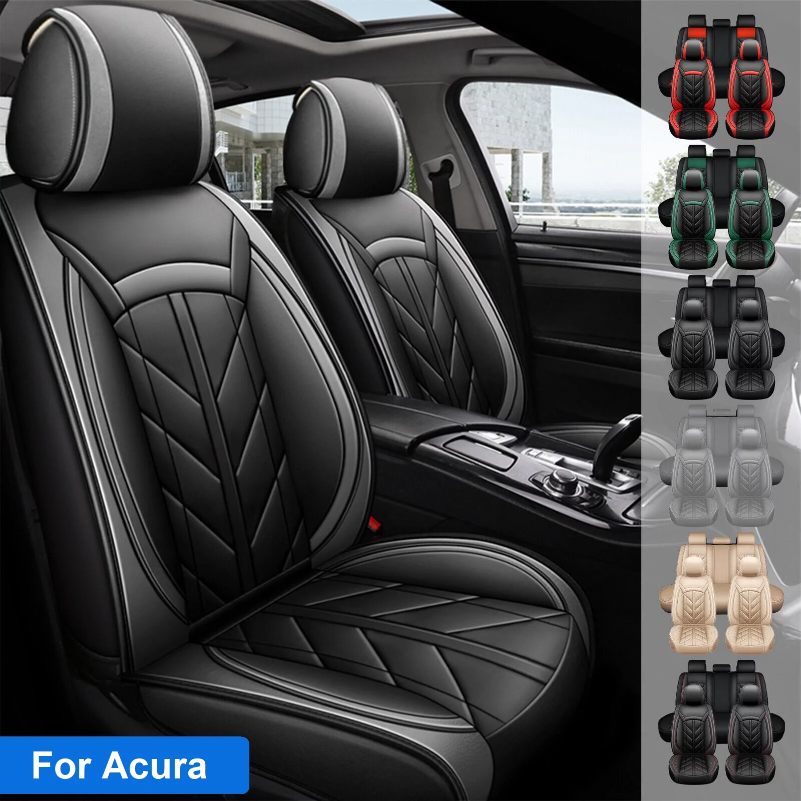 For Acura 5 Seats Car Seat Covers, Waterproof Leather Auto Cushion Protector, Full Set Front Rear Seat Cover for RDX RLX TLX TL TSX ZDX Black+Gray
