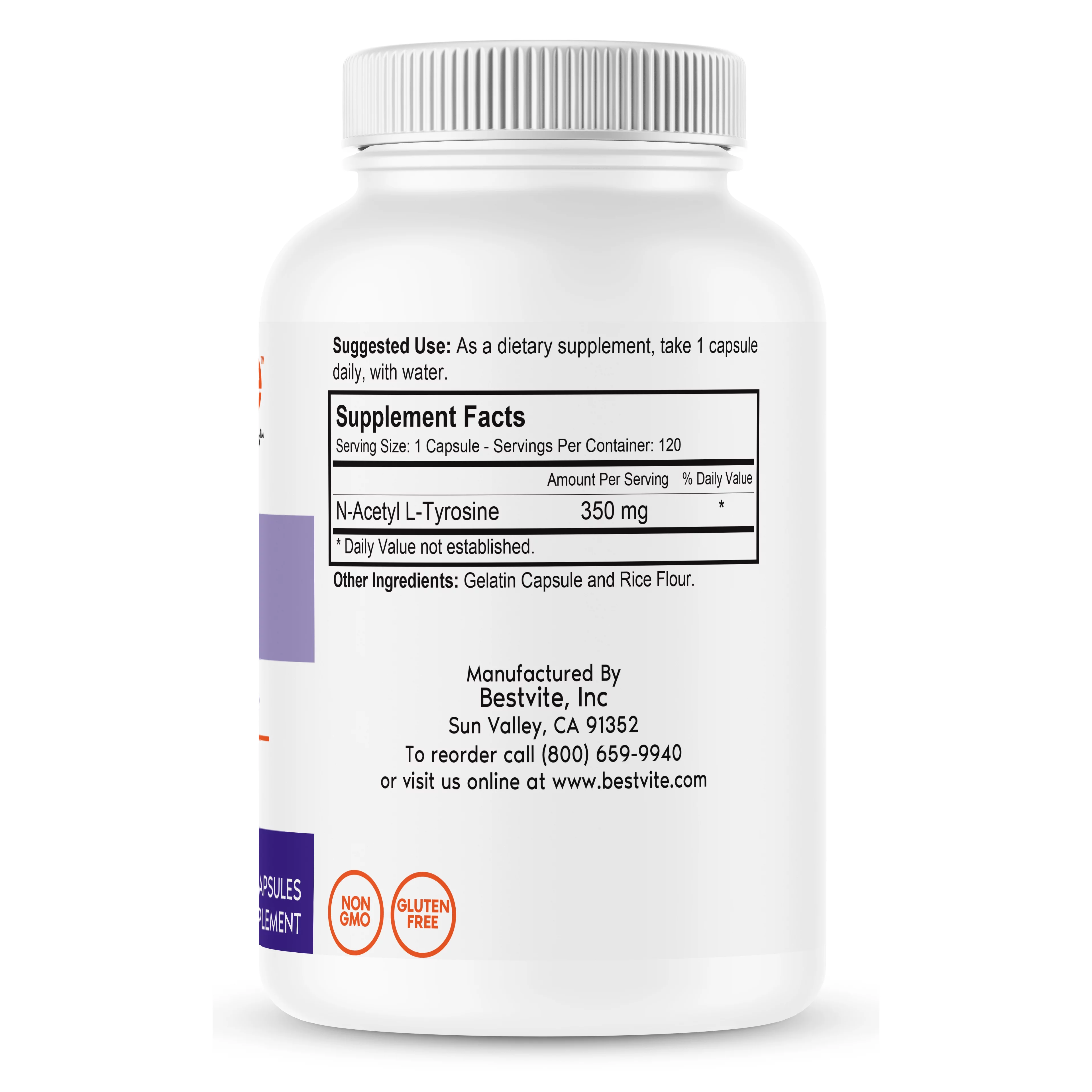 N-Acetyl L-Tyrosine 350mg (NALT) (120 Capsules) - No Stearates - Non GMO - Gluten Free