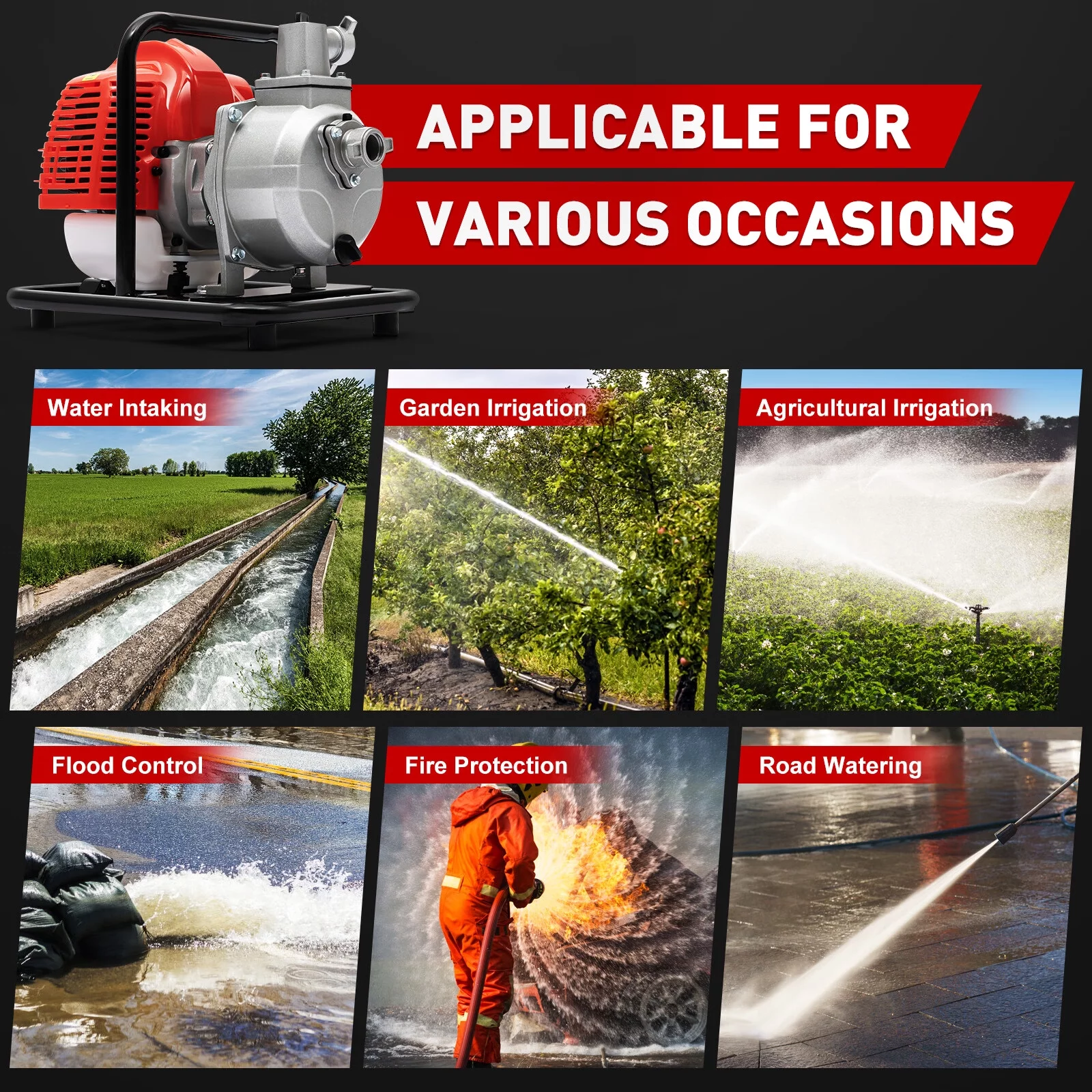 Loyalheartdy 1.7HP 2 Strok Gasoline Water Pump  40.2CC Gas-Powered Water Transfer High Pressure Pump Irrigation Garden Max 282.5ft³/h