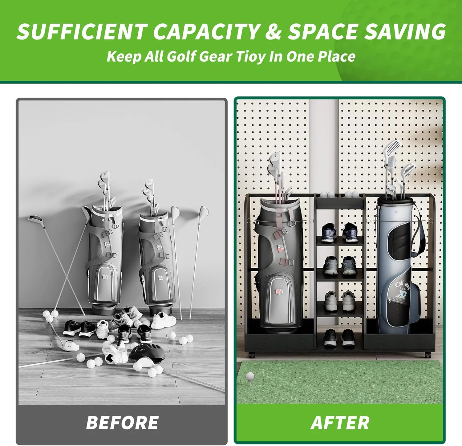 Linor Golf Bag Organizer, Wooden Golf Bag Stand with Wheels, Golf Bag Storage Garage Organizer for Golf Equipment Accessories, Golf Bag Storage Rack for Garage, Home, Office, Basements