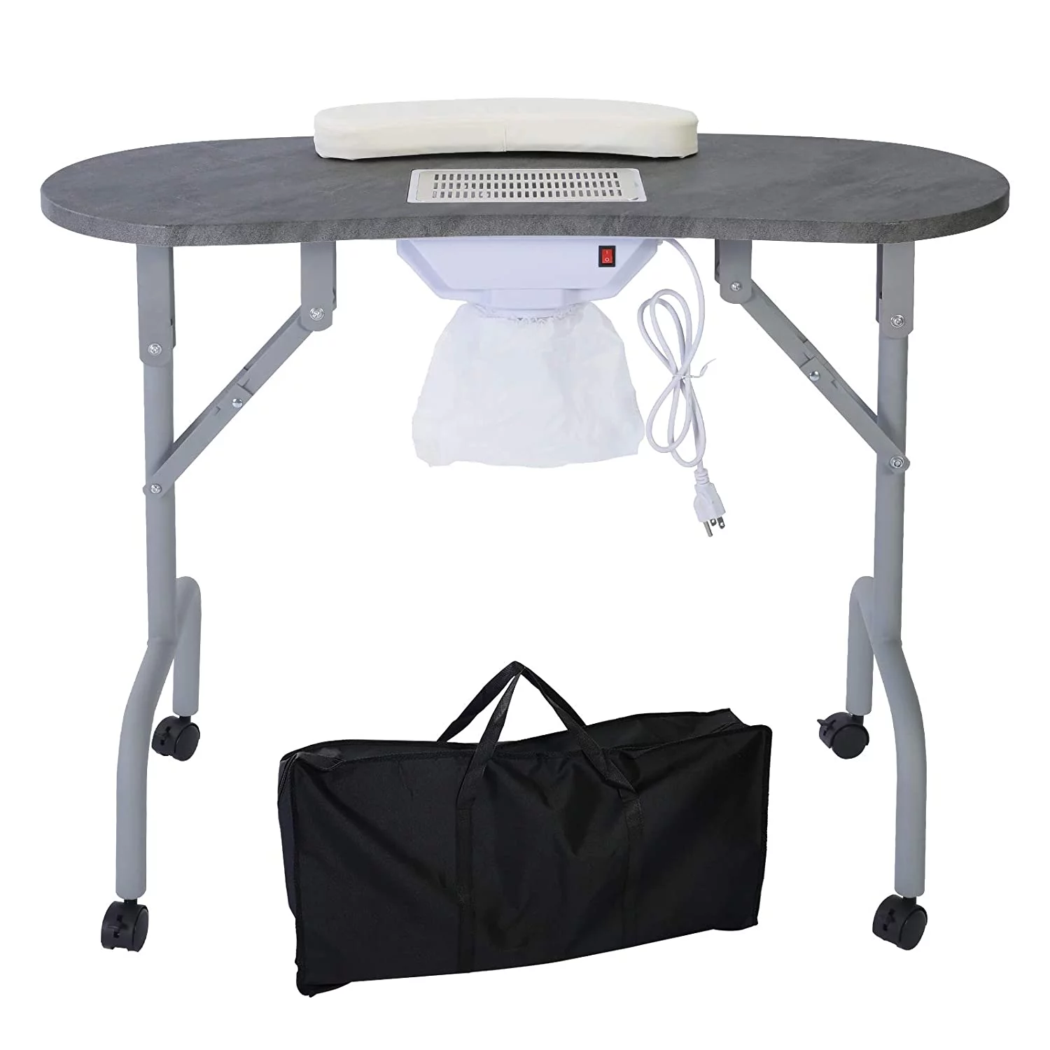 LUCKUP Portable Manicure Table Foldable Nail Desk with Dust Collector Professional Nail Tech Table for Technician Spa Salon Workstation, Client Wrist Pad Carry Bag 4 Lockable Wheels, 36-inch, Black