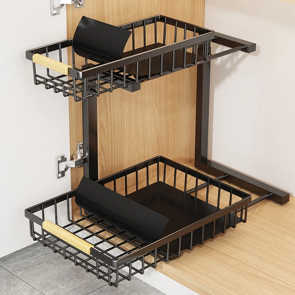 Sensch Under Sink Organizers Stainless Steel Storage 2 Tier Sliding Pull-out Organizer for Bathroom Kitchen, Black