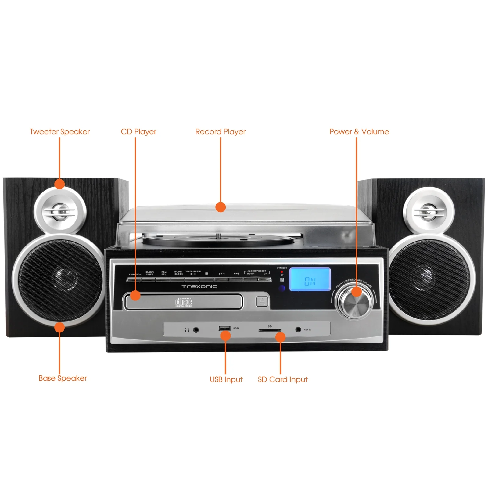 Trexonic 85104744M 3-Speed Turntable with Wired Shelf Speakers, Black