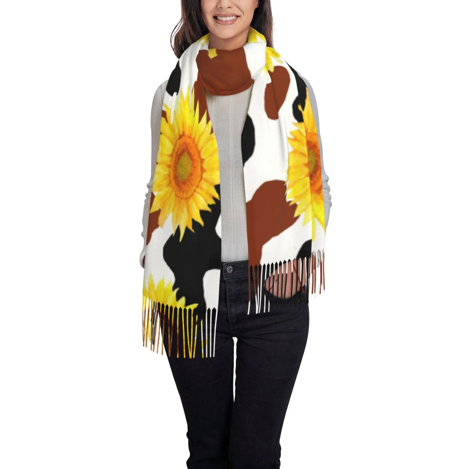 Ocsxa Scarf Shawl Wraps For Women Soft Cashmere Scarf Cow Print Sunflower Printed Large Blanket Scarf