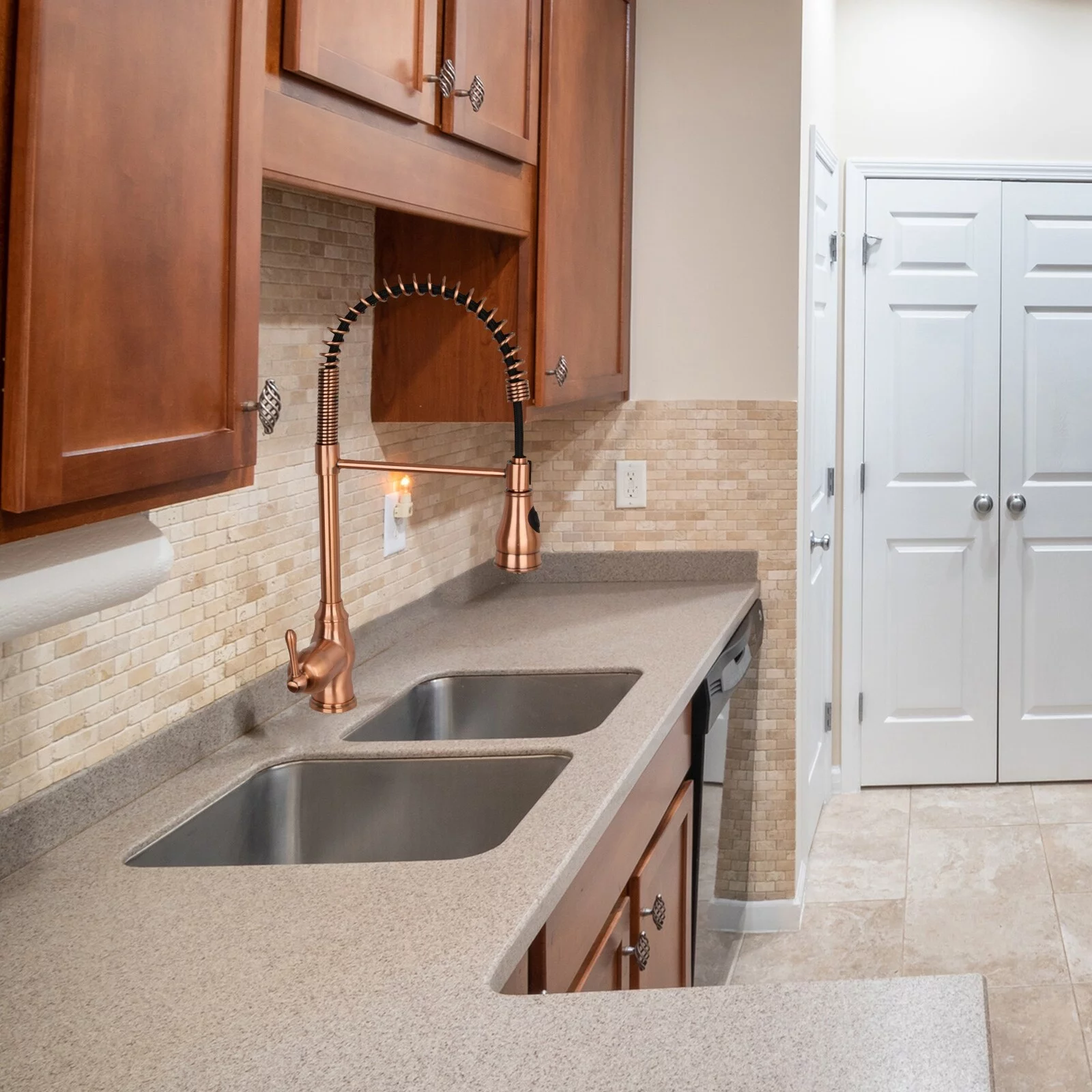 Copper Pre-Rinse Spring Kitchen Faucet, Single Level Solid Brass Kitchen Sink Faucets with Pull Down Sprayer - 8.8x20.9