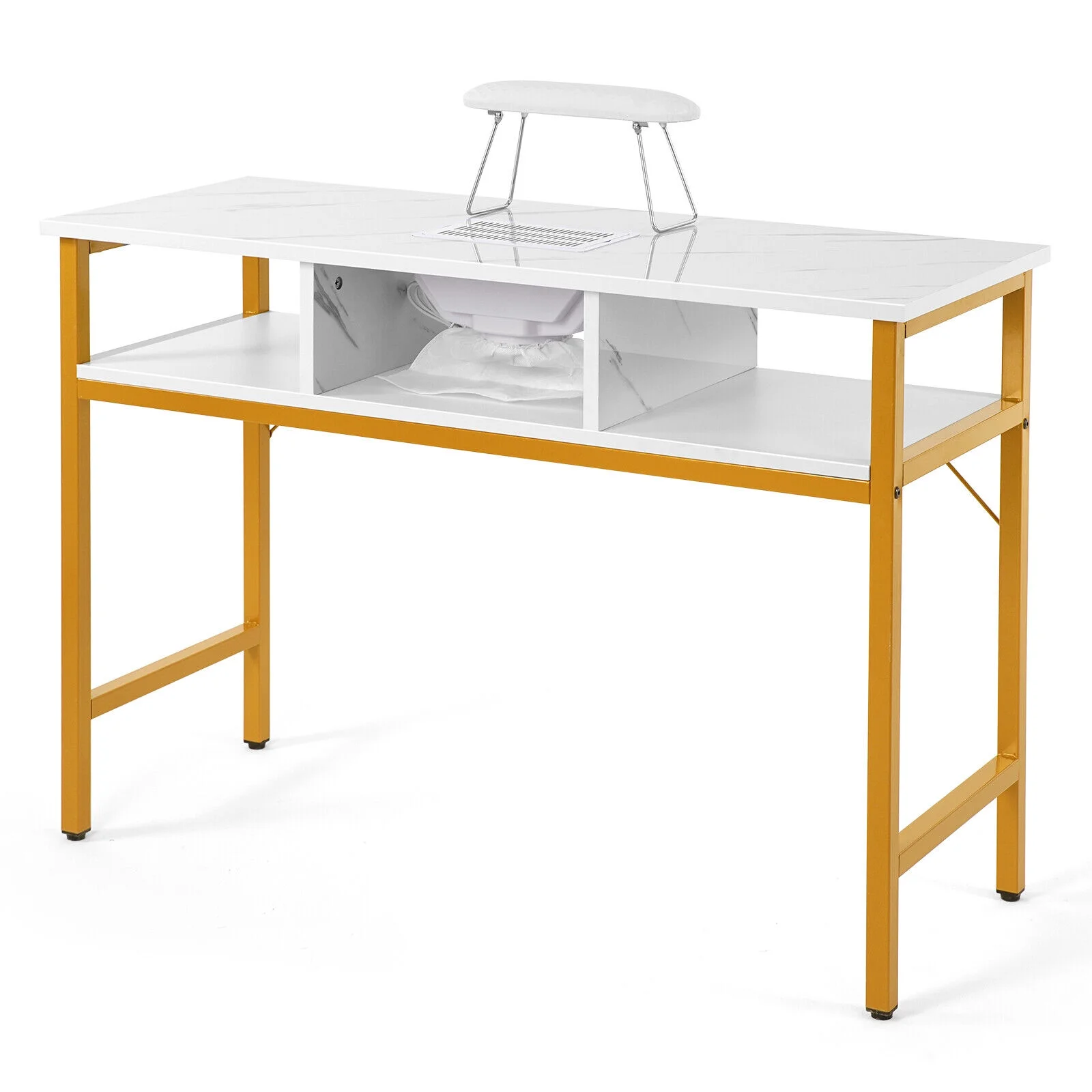 Marble White Manicure Table Nail Desk Technician Desk Salon Workstation with Electric Dust Collector, Shelves, Foldable Armrest, Golden Legs
