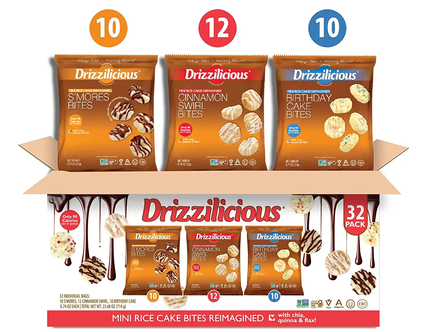Drizzilicious Variety Pack .74oz 32 count | S'mores, Cinnamon Swirl and Birthday Cake | Mini Snack Chocolatey Rice Cakes | Vegan Air Popped Chia, Quinoa, Flax Snack …