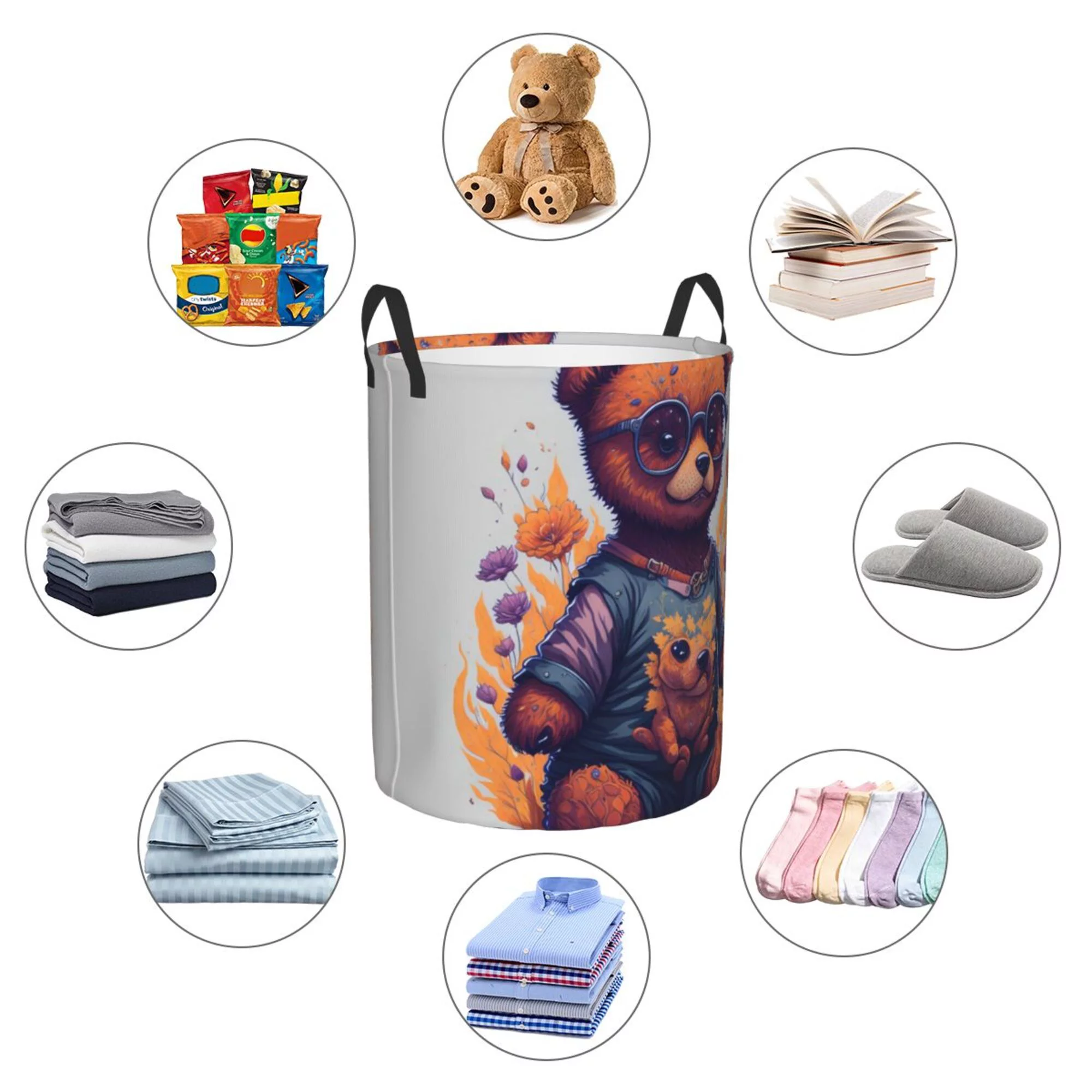 ZICANCN Laundry Basket Organizer, Illustrative Teddy Bear Collapsible Hamper for Bathroom Bedroom Laundry Room, Medium Size