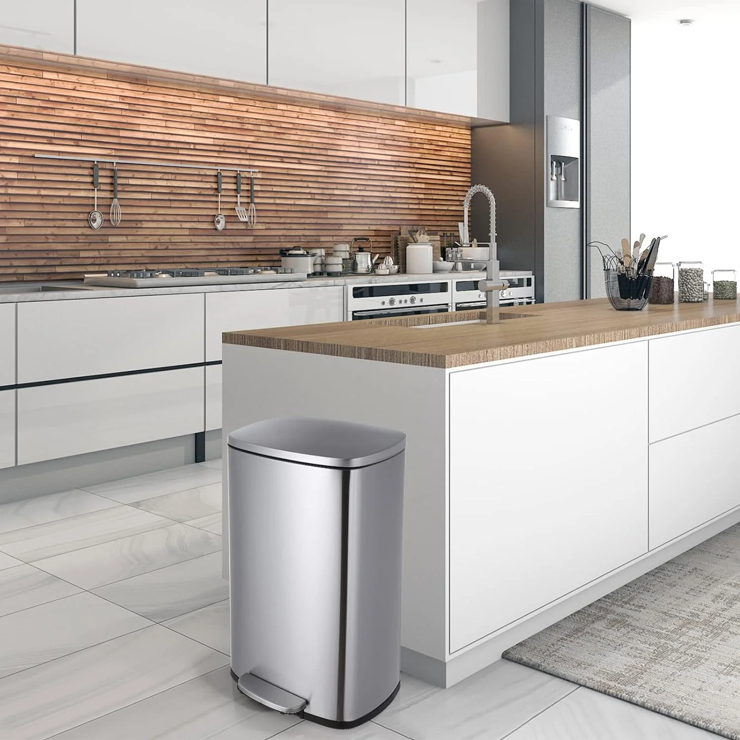 U-SHARE  13.2 Gallon Step Trash Can, Stainless Steel Garbage Bin, Soft-Close Rubbish Bin with Removable Plastic Inner Bucket, Fingerprint-Proof, Lid Dustbin, Suit for Kitchen Home (50L, White)