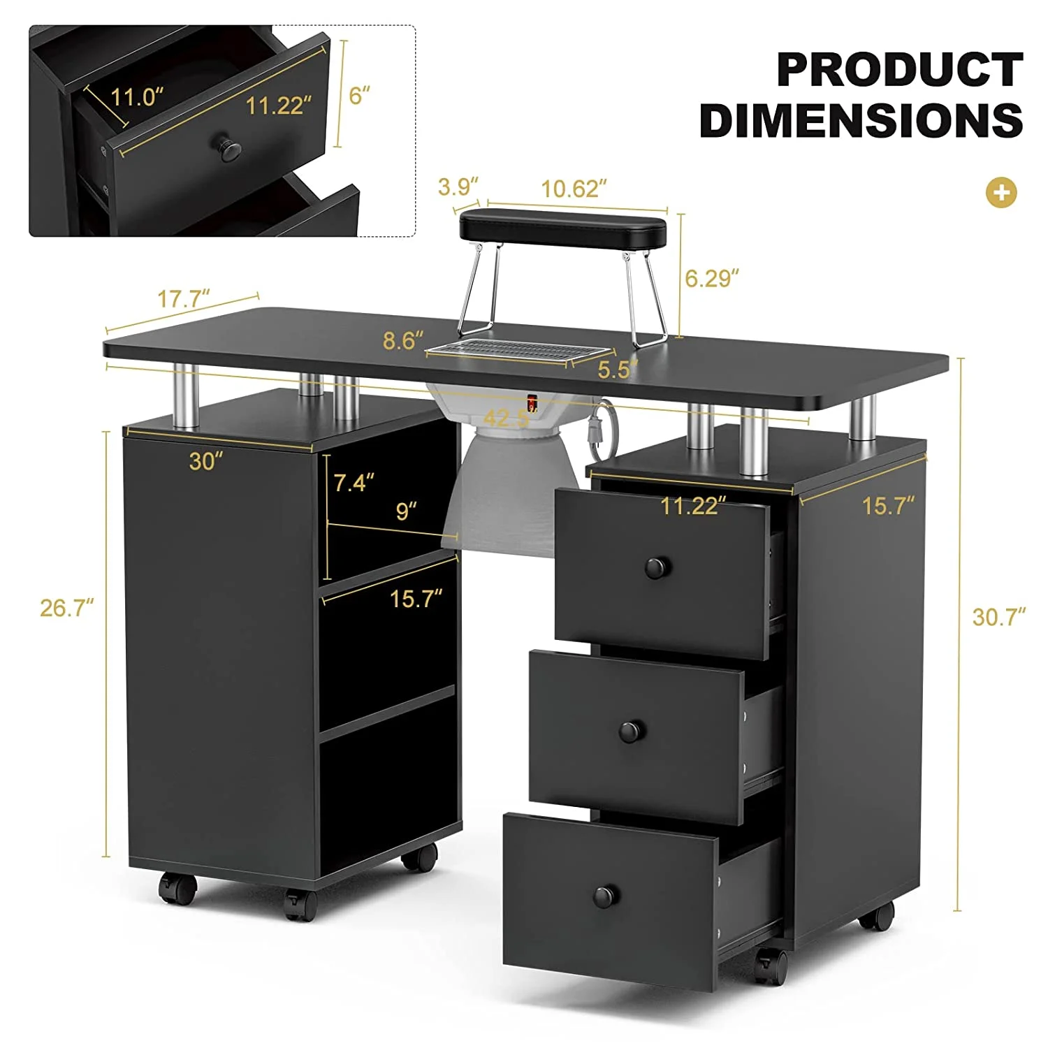 YiSHOP Manicure Table, Nail Beauty Manicure Desk Nail Table Station for Nail Tech w/Electric Downdraft Vent, Foldable Nail Arm Rest, Lockable Wheels, Storage 3-Tier Shelves & Drawers (Black)