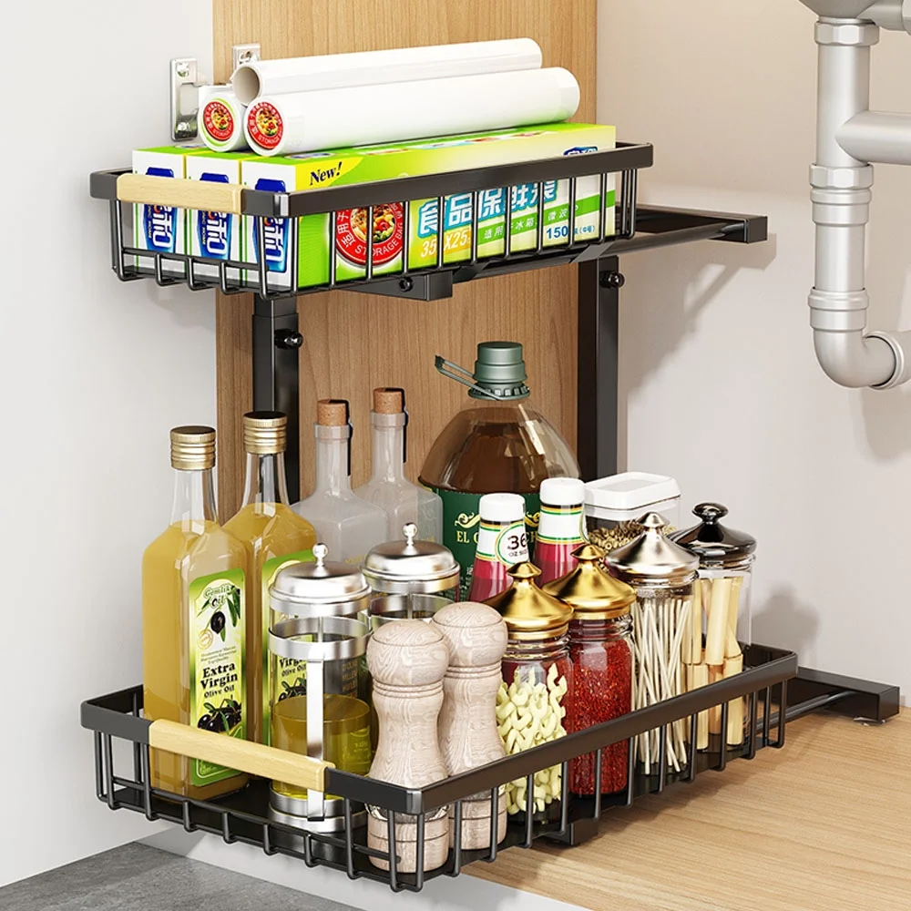 Sensch Under Sink Organizers Stainless Steel Storage 2 Tier Sliding Pull-out Organizer for Bathroom Kitchen, Black