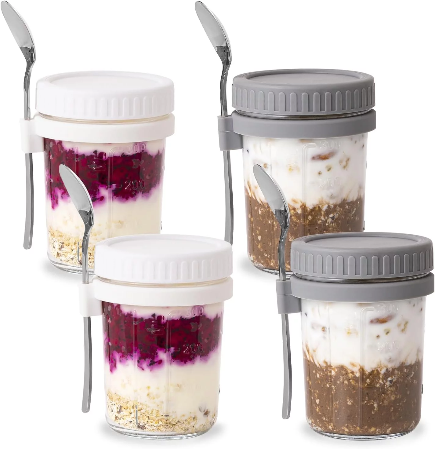 HBlife 4-Piece Overnight Oats Containers with Lids and Spoons, 16 oz Glass Mason Jars Oatmeal Cups Container for Overnight Oats
