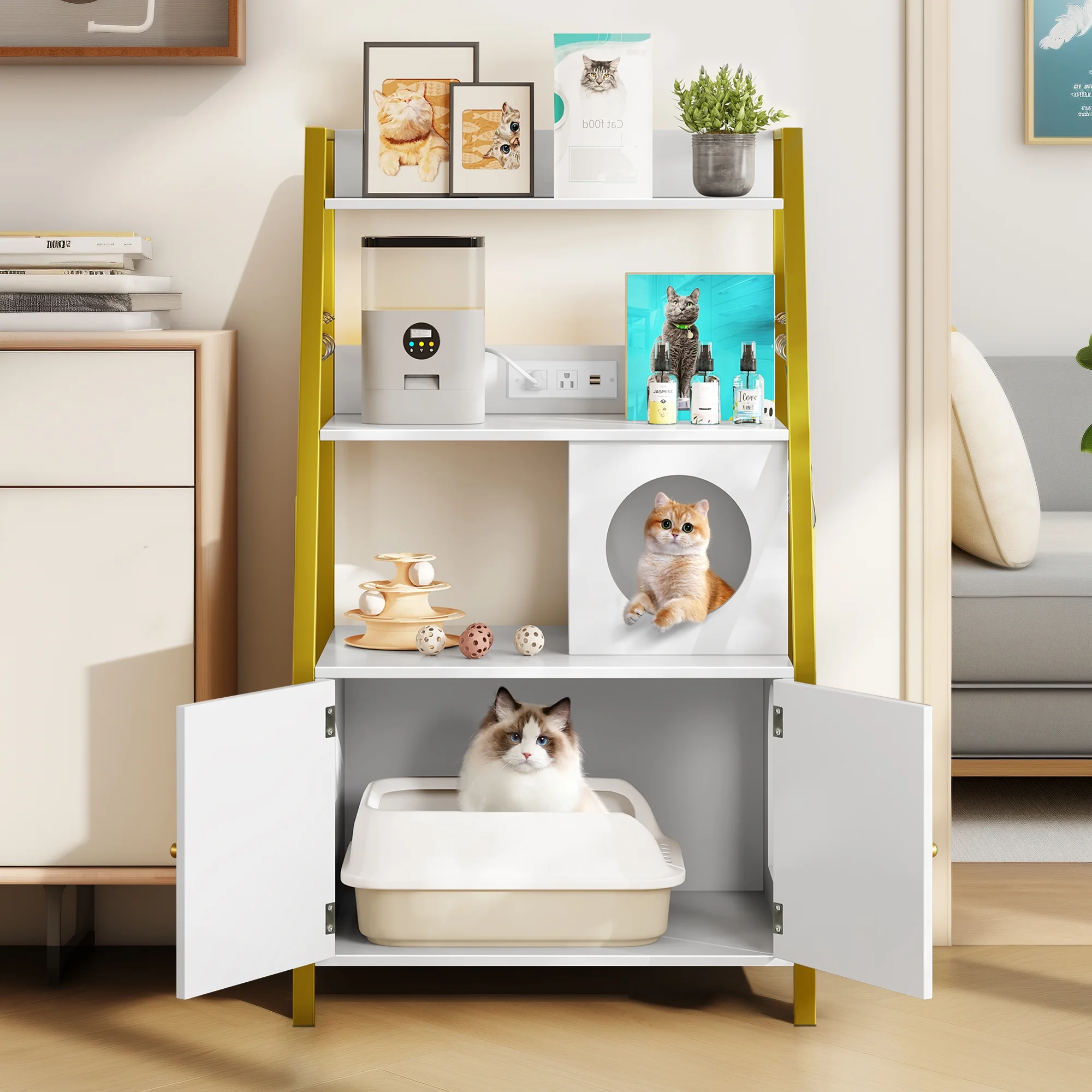 Dextrus Large Hidden Litter Cat Box Enclosure with Charging Station, 3 Shelves and Storage, Indoor Cat Box/House with Cat Tree for Most Litter Box - White & Gold