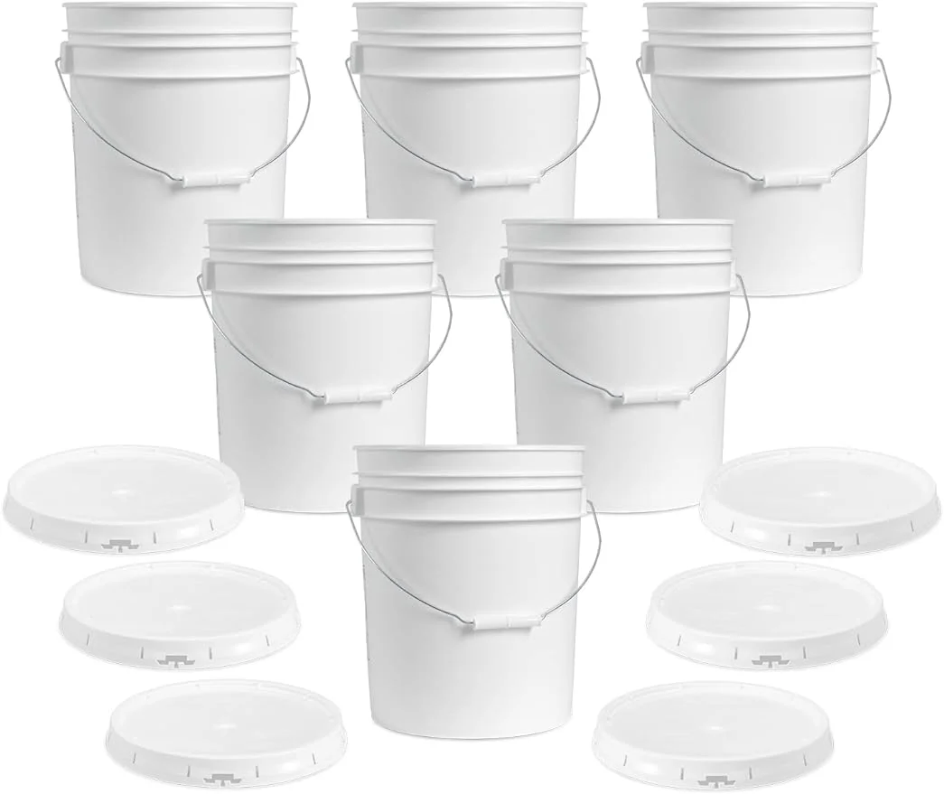 5-Gallon White Plastic Bucket with Lid - Durable 90 Mil All Purpose Pail - Food Grade - Contains No BPA Plastic - Recyclable - Made in USA - 6 Count