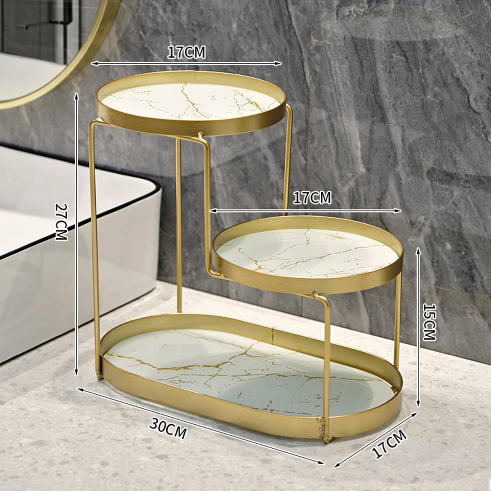 Makeup Perfume Organizer Shelf with Removable Glass Tray for Home Decoration White Marbling