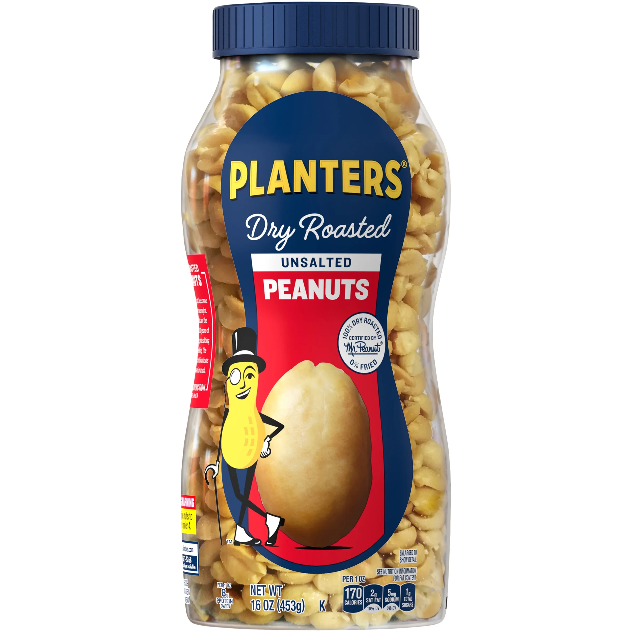 PLANTERS Unsalted Dry Roasted Peanuts, Party Snacks, Plant Based Protein 16oz (1 Jar)
