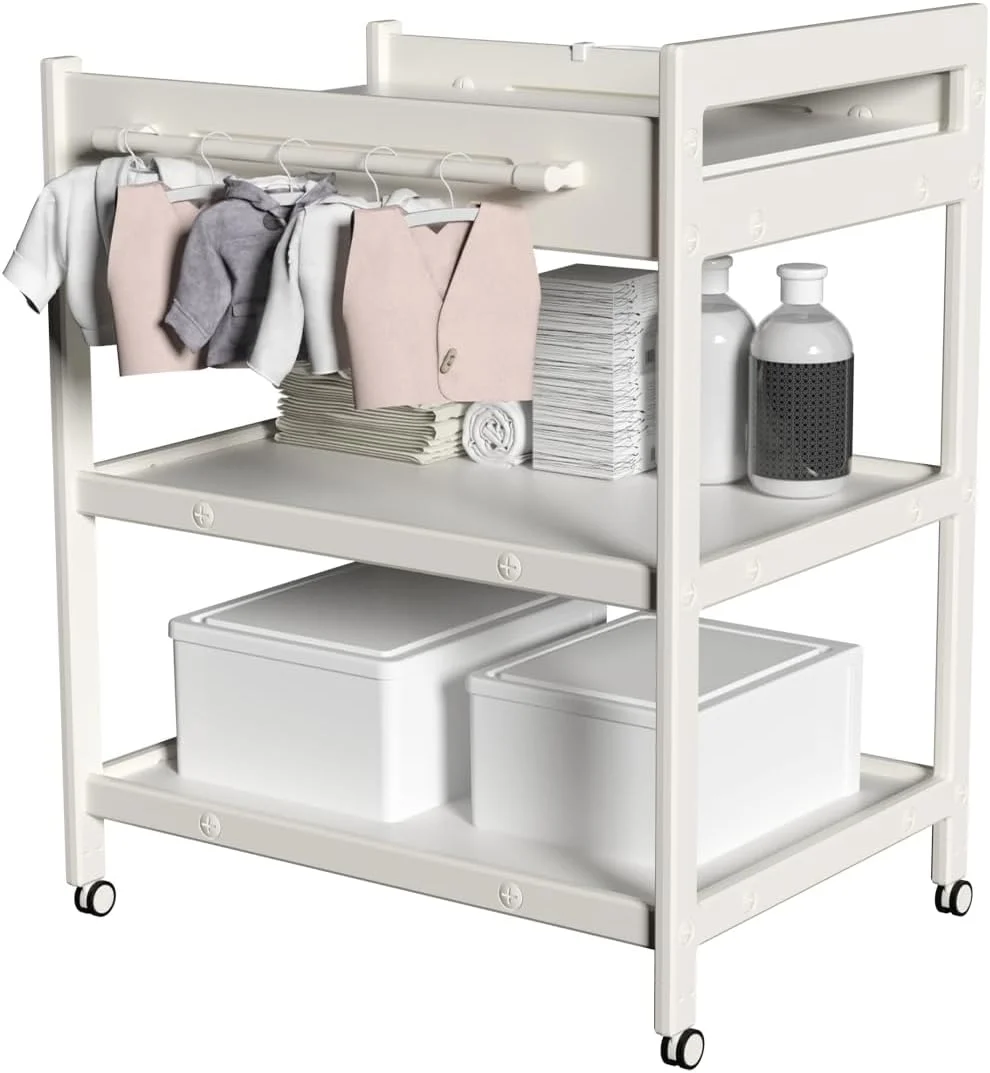 Baby Changing Table with Waterproof pad, Diaper Changing Station with Wheels, Portable Mobile Nursery Organizer for Newborn and Infant, Features Large Storage and Shelf, Beige