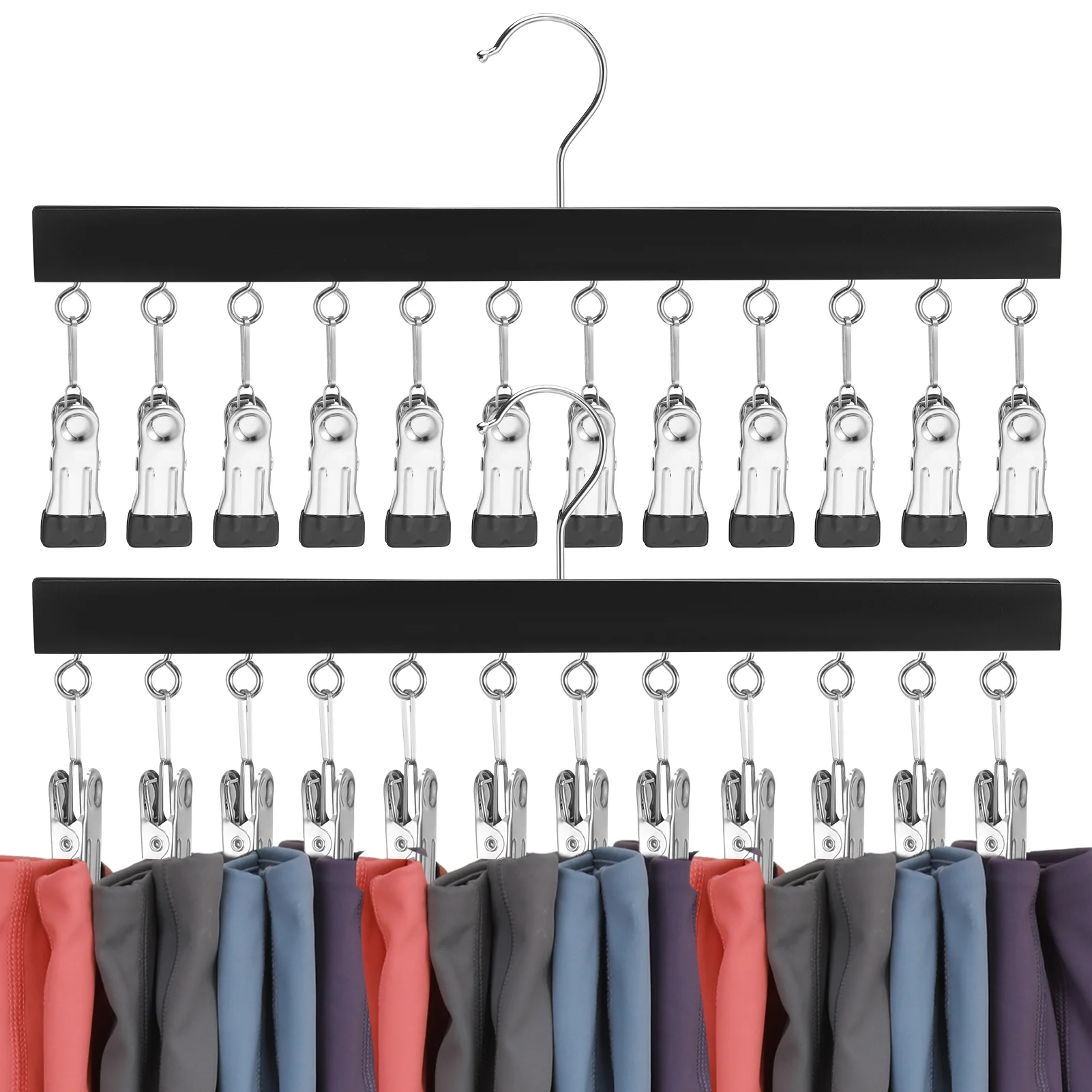 Topekada 2 Pcs Legging Organizer for Closet, Heavy Duty Pants Hangers with Clips Holds 24 Leggings,Jeans,Hats,Shorts,Socks, 360 Degree Rotating Space Saving Clothes Organizer for Closet(Black)