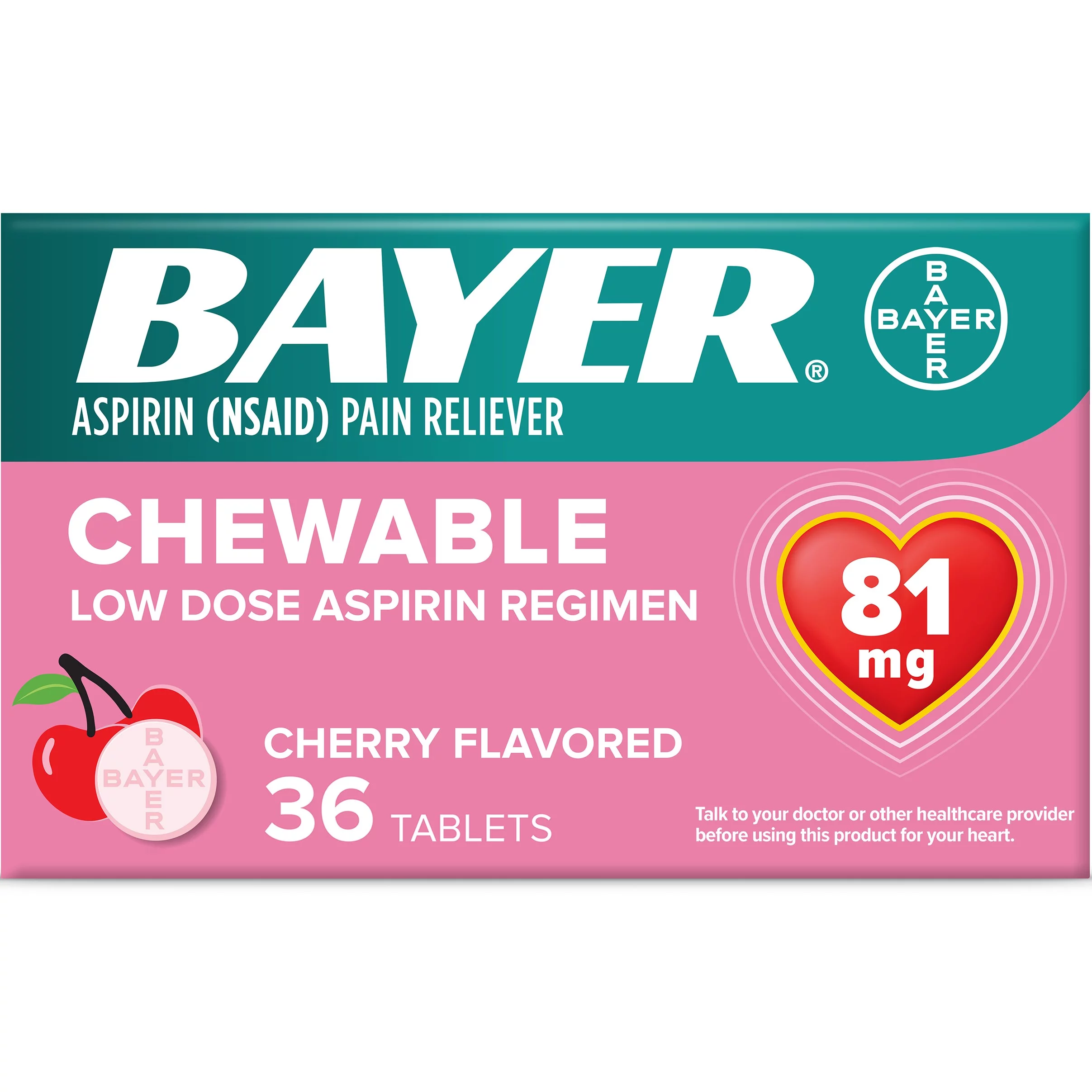 Bayer Chewable Aspirin Regimen Low Dose Pain Reliever Tablets, 81mg, Cherry, 36 Count