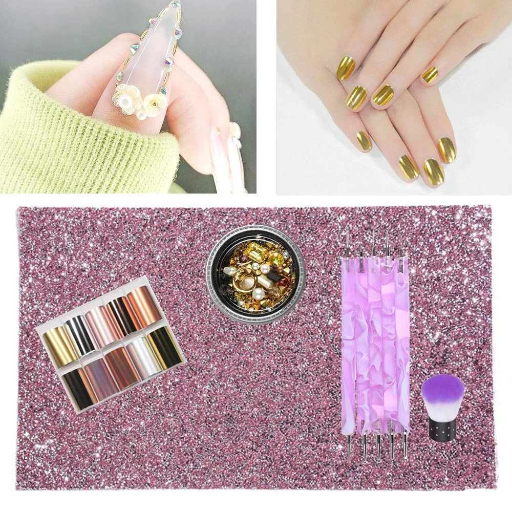 Kalolary Shiny Nail Art Table Mat, Foldable Nail Art Hand Pad Salon Practice Cushion Pad Portable Nail Art Manicure Tool
