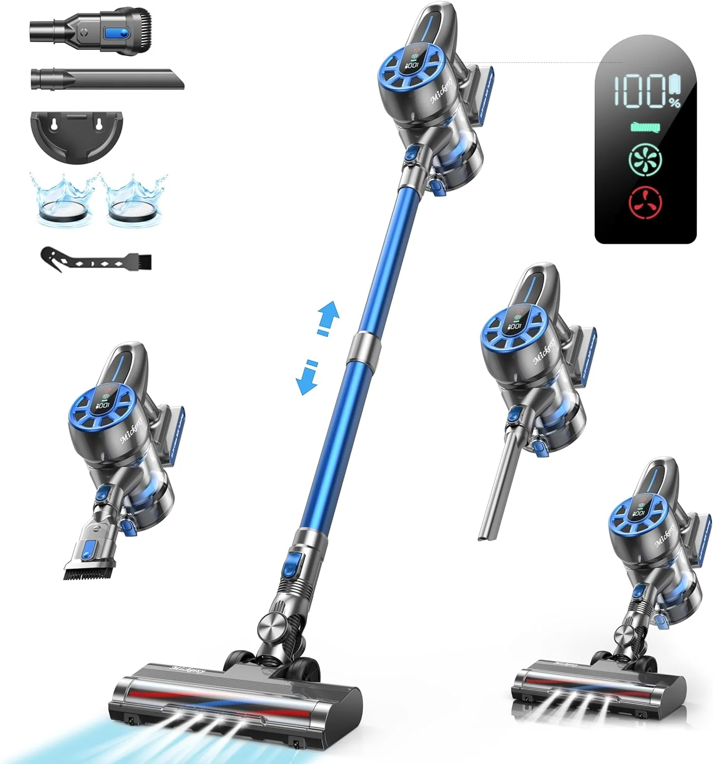 Cordless Vacuum Cleaner, Power Stick Vacuum 450W 36Kpa with Long Runtime Detachable Battery, Vacuum Cleaner with LED Display Lightweight & Quiet, for Pet Hair, Floor, Carpet, 1.5L Dust Cup