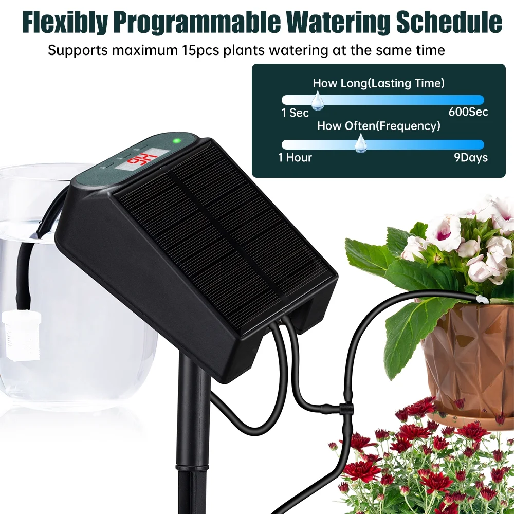 Solar Drip Irrigation System,Indoor Outdoor Automatic Plant Self Watering Devices with 8 Timing Modes, Supported 10-15 Pots