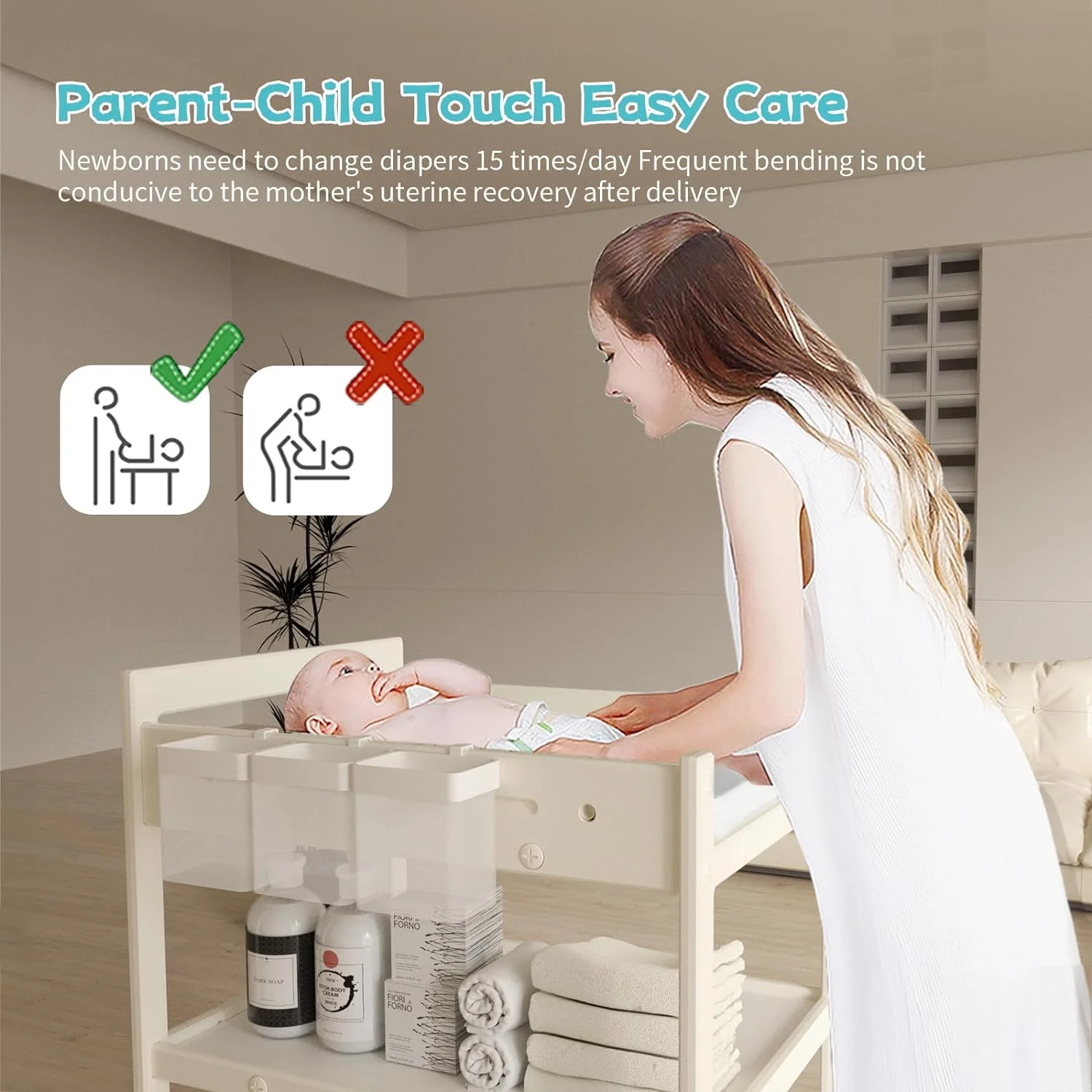 Baby Changing Table with Waterproof pad, Diaper Changing Station with Wheels, Portable Mobile Nursery Organizer for Newborn and Infant, Features Large Storage and Shelf, Beige