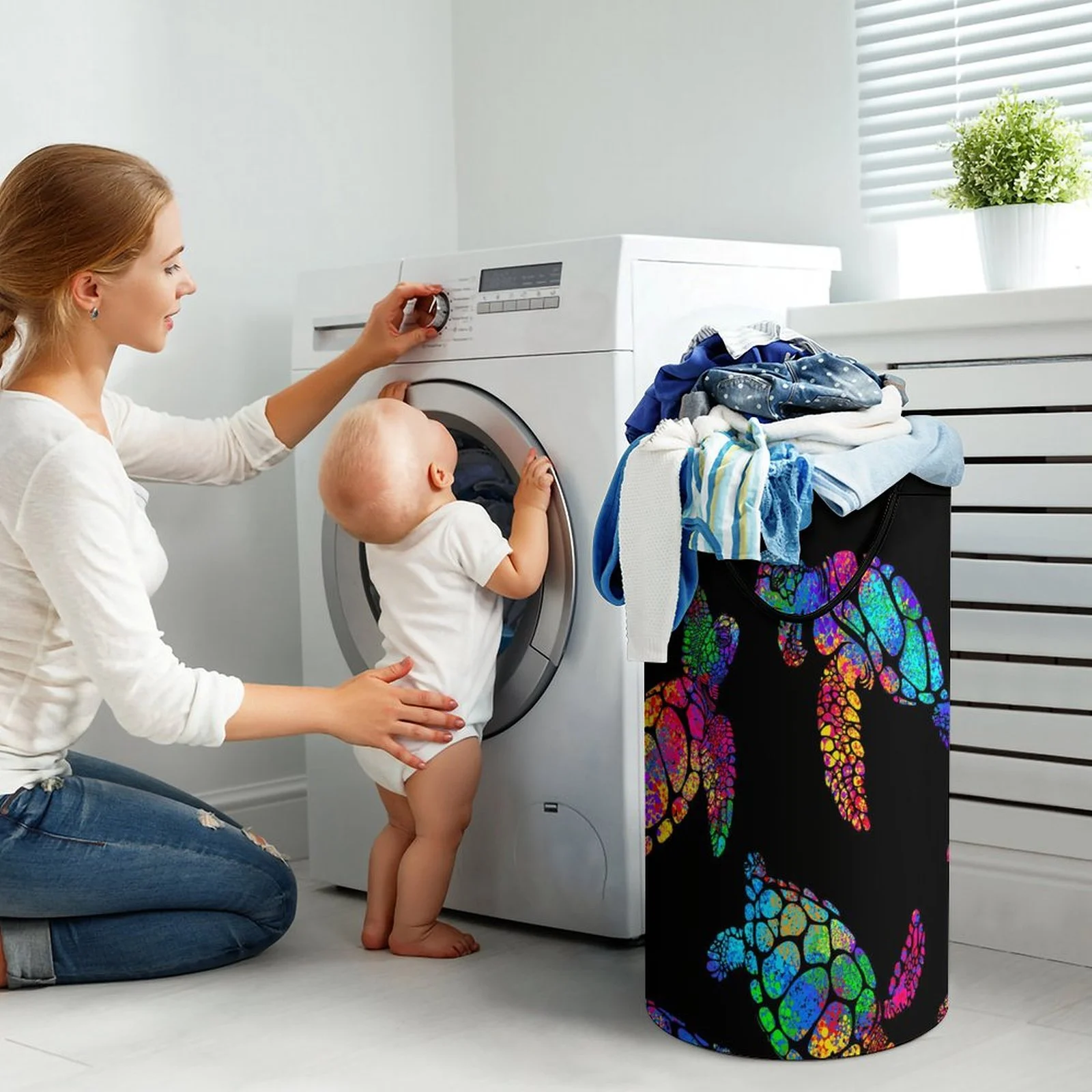 LAKIMCT Boho Style Sea Turtle Laundry Basket, 86.5L Tall Large Laundry Hamper Dirty Clothes Baskets with Handle, Foldable Waterproof Storage Basket