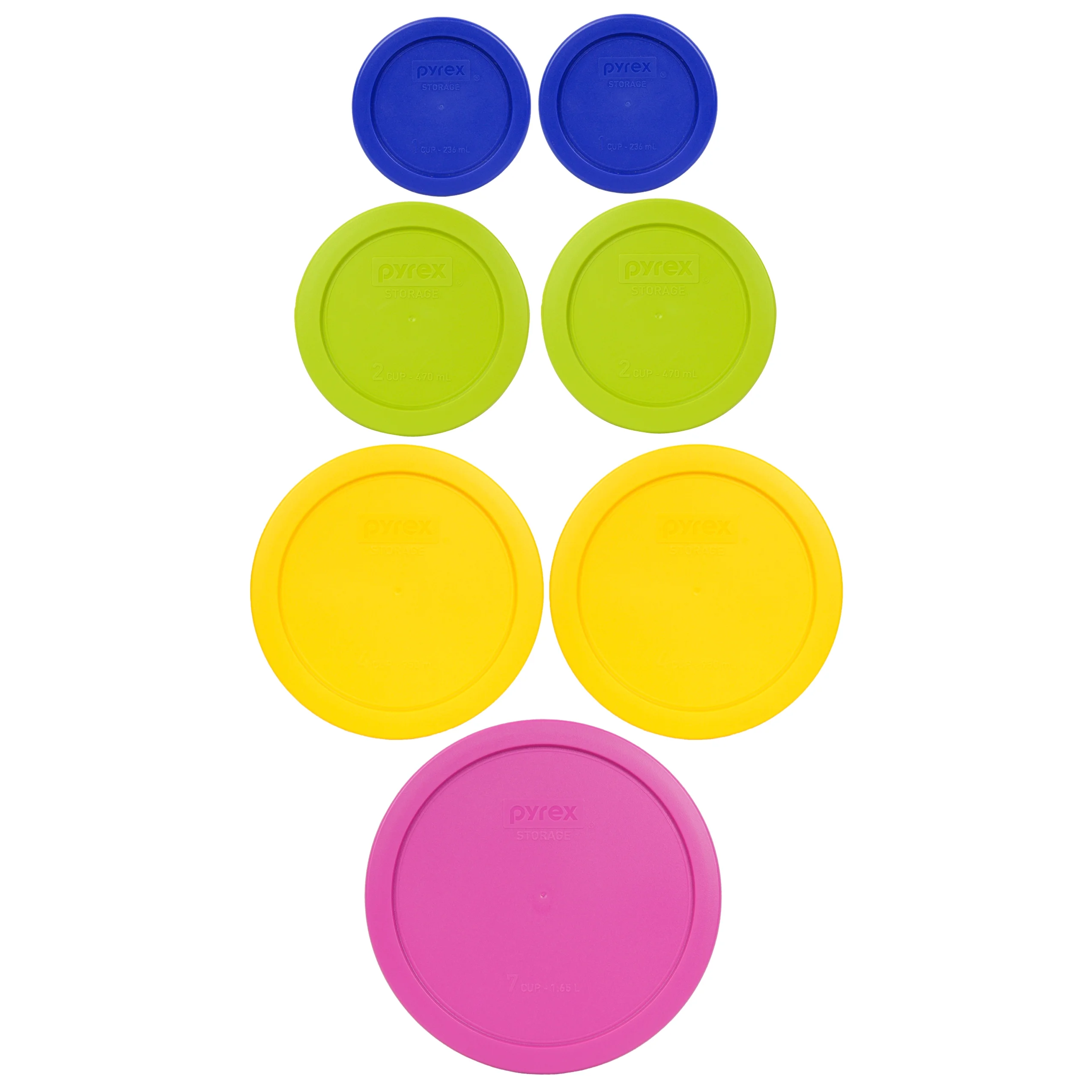 Pyrex (2) 7202-PC Cobalt Blue, (2) 7200-PC Edamame Green, (2) 7201-PC Meyer Yellow, and (1) 7402-PC Pink Plastic Replacement Lid