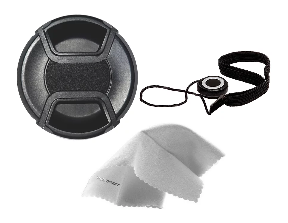 Sony FDR-AX700 Lens Cap Center Pinch (62mm) + Lens Cap Holder + Nwv Direct Microfiber Cleaning Cloth.