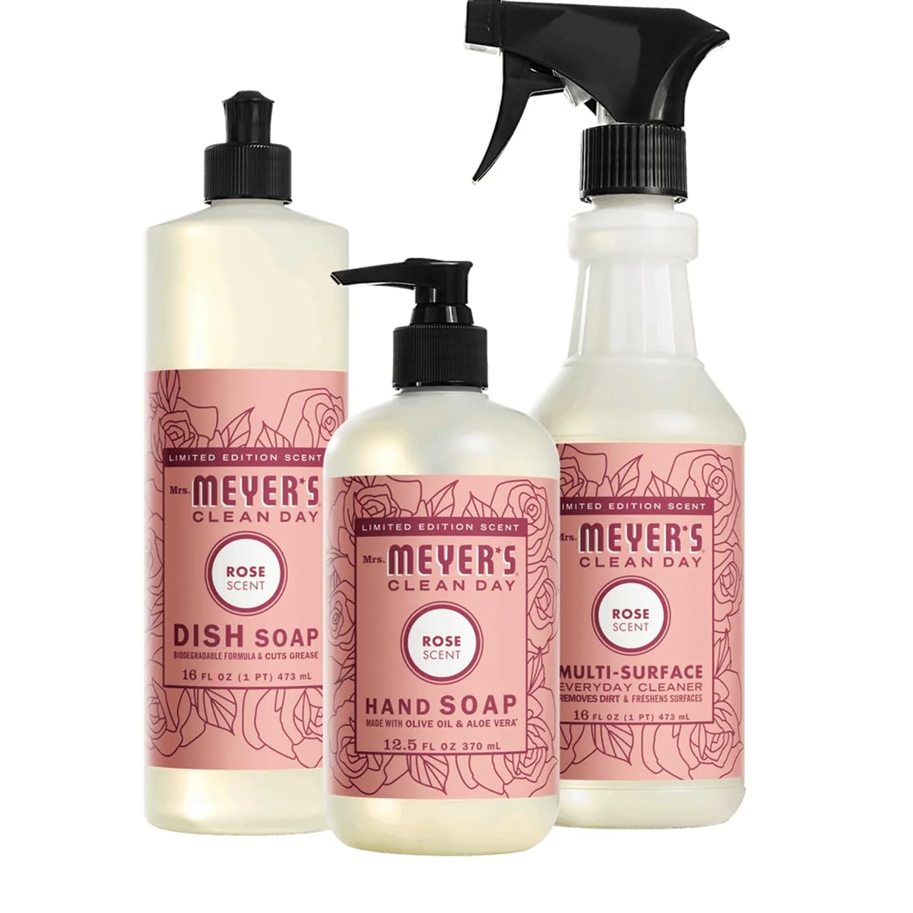 Mrs. Meyer’S Rose Scent Kitchen Basics Set, 3 Ct: Dish Soap, Hand Soap, Multi-Surface Everyday Cleaner