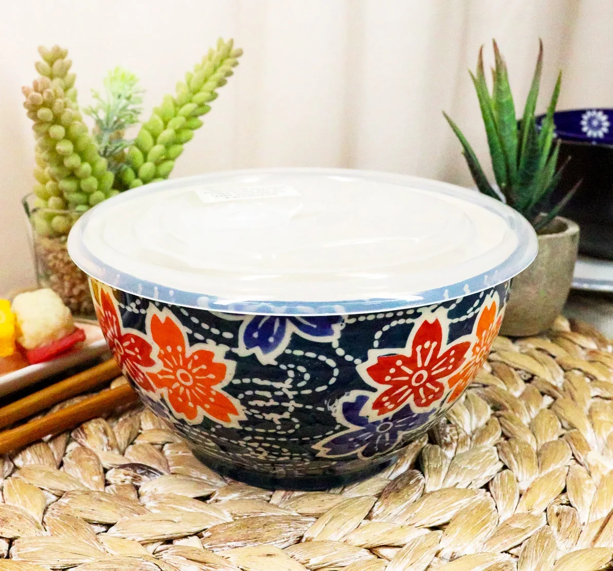 Ebros Set of 2 Ceramic Blue Cherry Blossoms Portion Meal Bowls 3 Cups W/ Lid